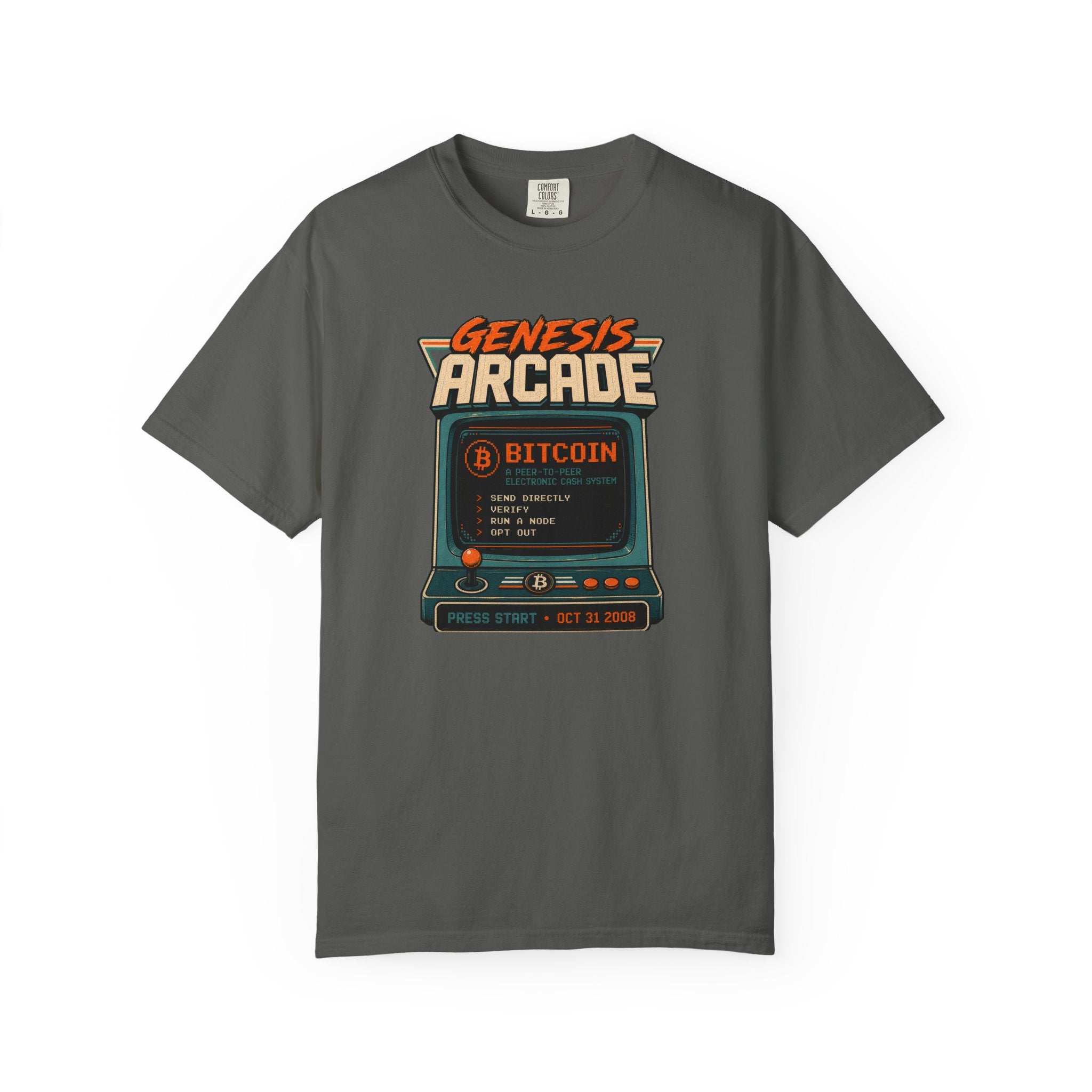 Bitcoin Genesis Block Heavyweight Retro Arcade T-Shirt | "Press Start" Bitcoin Tee | Comfort Colors 1717