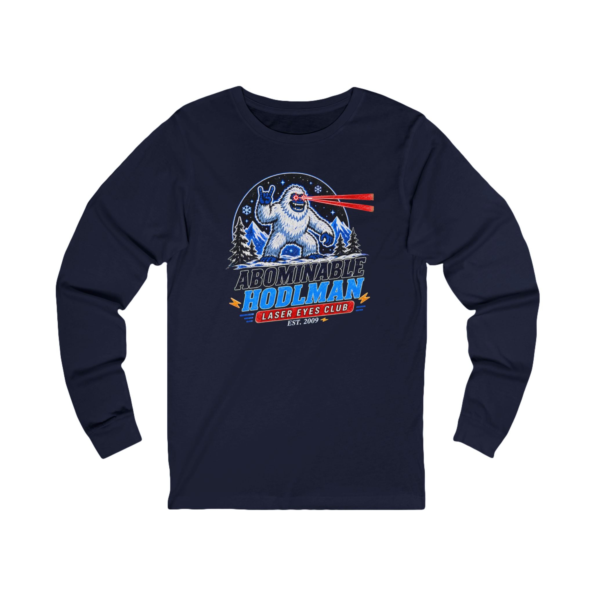 Abominable Hodlman Laser Eyes Club Bitcoin Tee | Yeti Holiday Shirt | Long Sleeve Shirt | Bella Canvas 3501