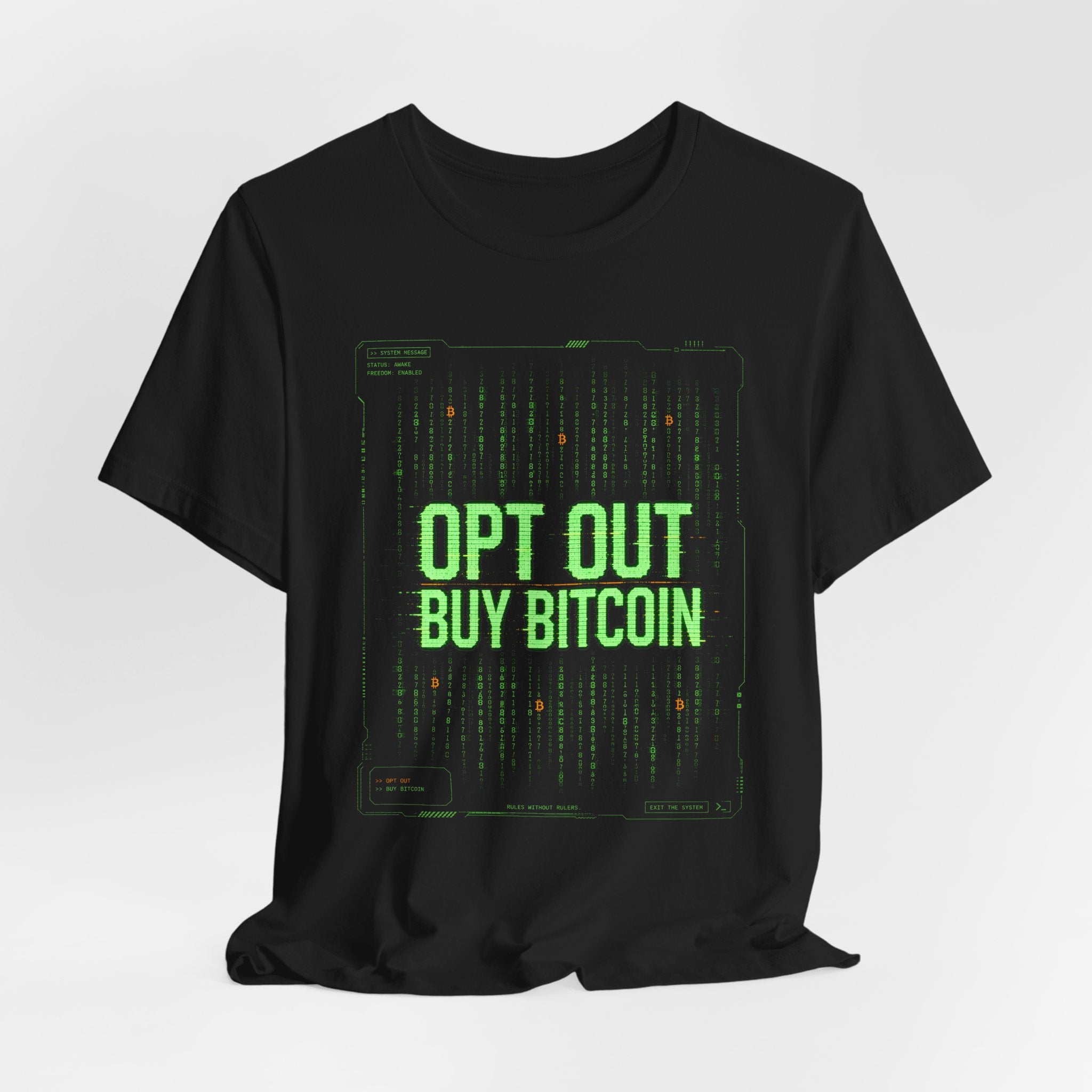 Opt Out Buy Bitcoin T-Shirt | Bitcoin Matrix Design | Bella Canvas 3001
