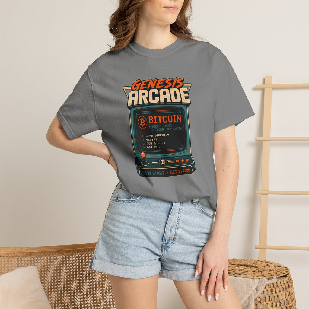 Bitcoin Genesis Block Heavyweight Retro Arcade T-Shirt | "Press Start" Bitcoin Tee | Comfort Colors 1717