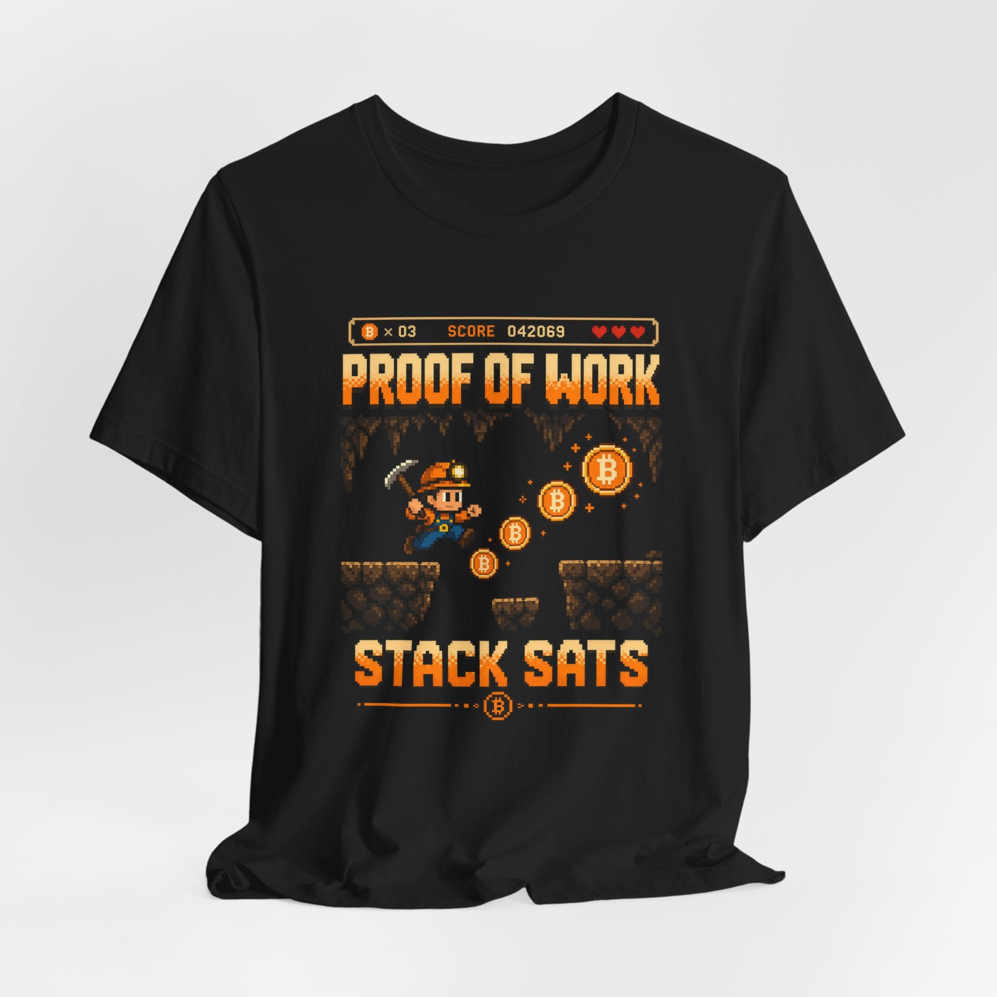 Proof of Work Stack Sats T-Shirt | Retro Pixel Bitcoin Miner Tee | Bella Canvas 3001