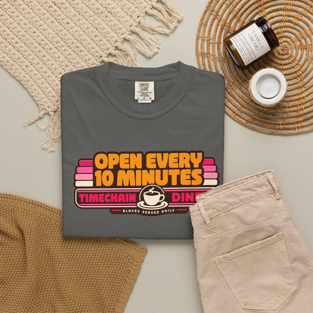 Incognito Heavyweight Open Every 10 Minutes Timechain Diner Tee | Retro Coffee T-Shirt | Comfort Colors 1717