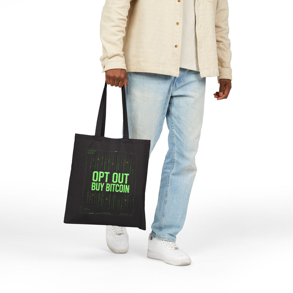 Opt Out Buy Bitcoin matrix-style cypherpunk code Tote