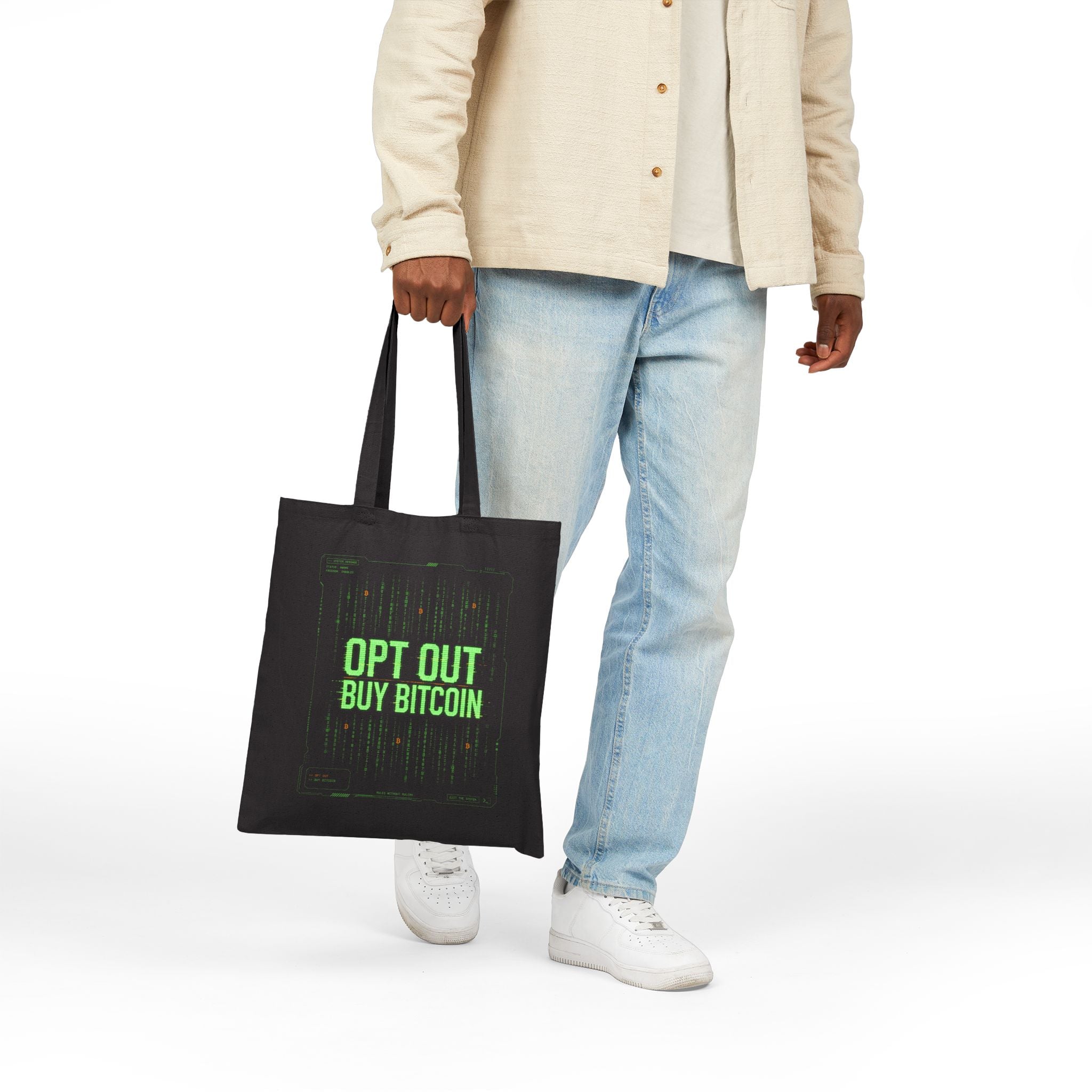 Opt Out Buy Bitcoin matrix-style cypherpunk code Tote
