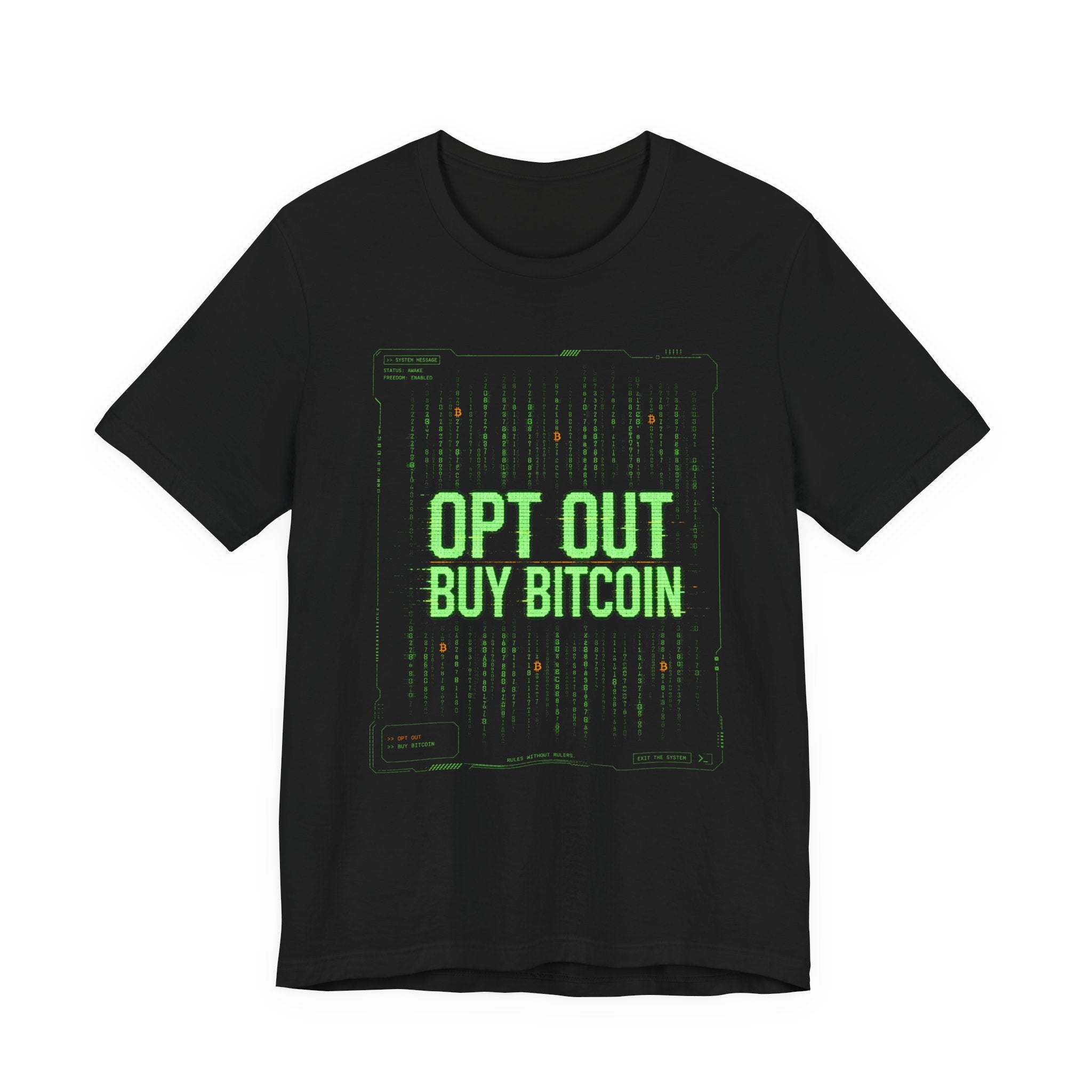 Opt Out Buy Bitcoin T-Shirt | Bitcoin Matrix Design | Bella Canvas 3001
