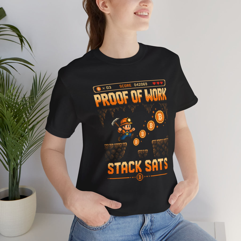 Proof of Work Stack Sats T-Shirt | Retro Pixel Bitcoin Miner Tee | Bella Canvas 3001