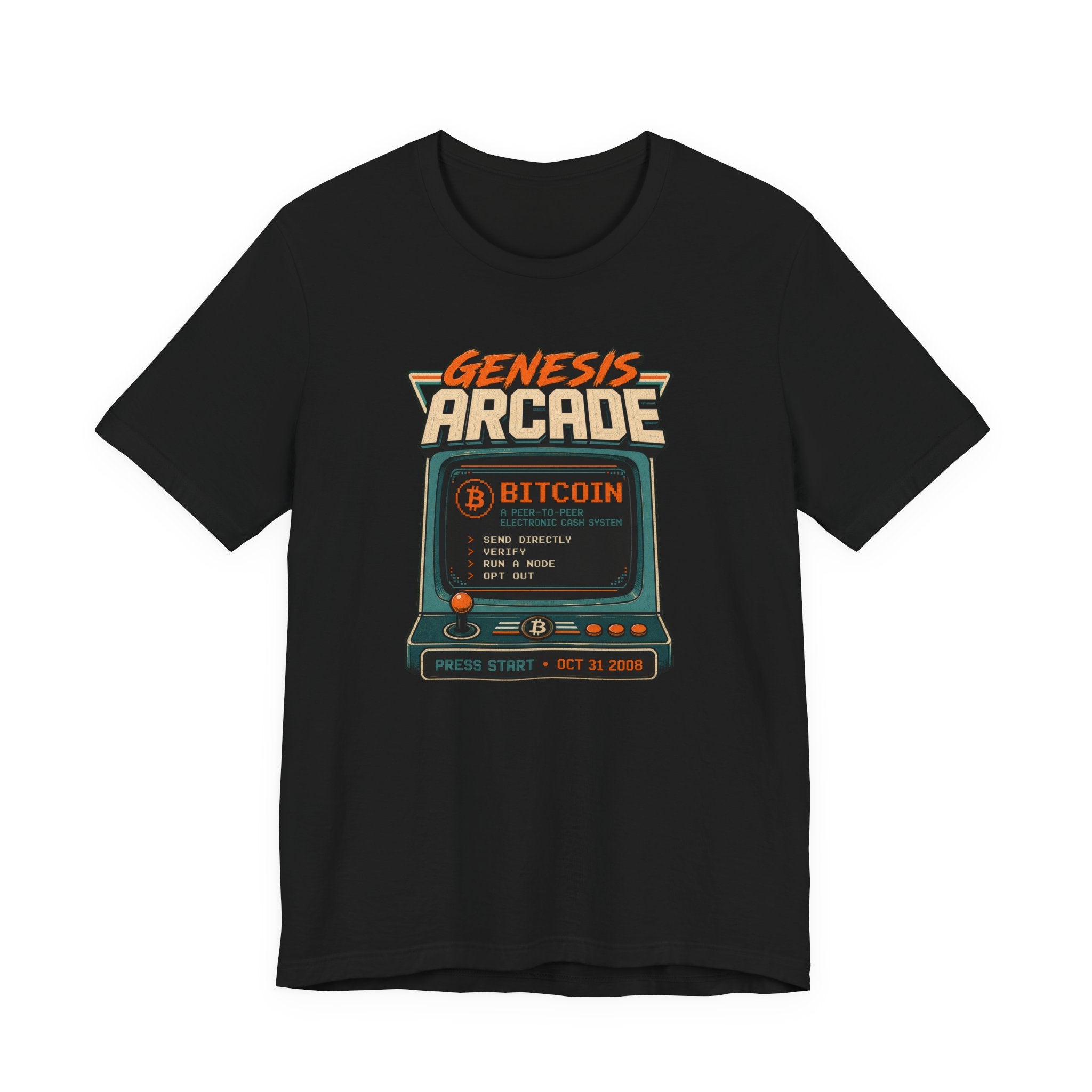 Bitcoin Genesis Block Retro Arcade Press Start T-Shirt | Bella Canvas 3001