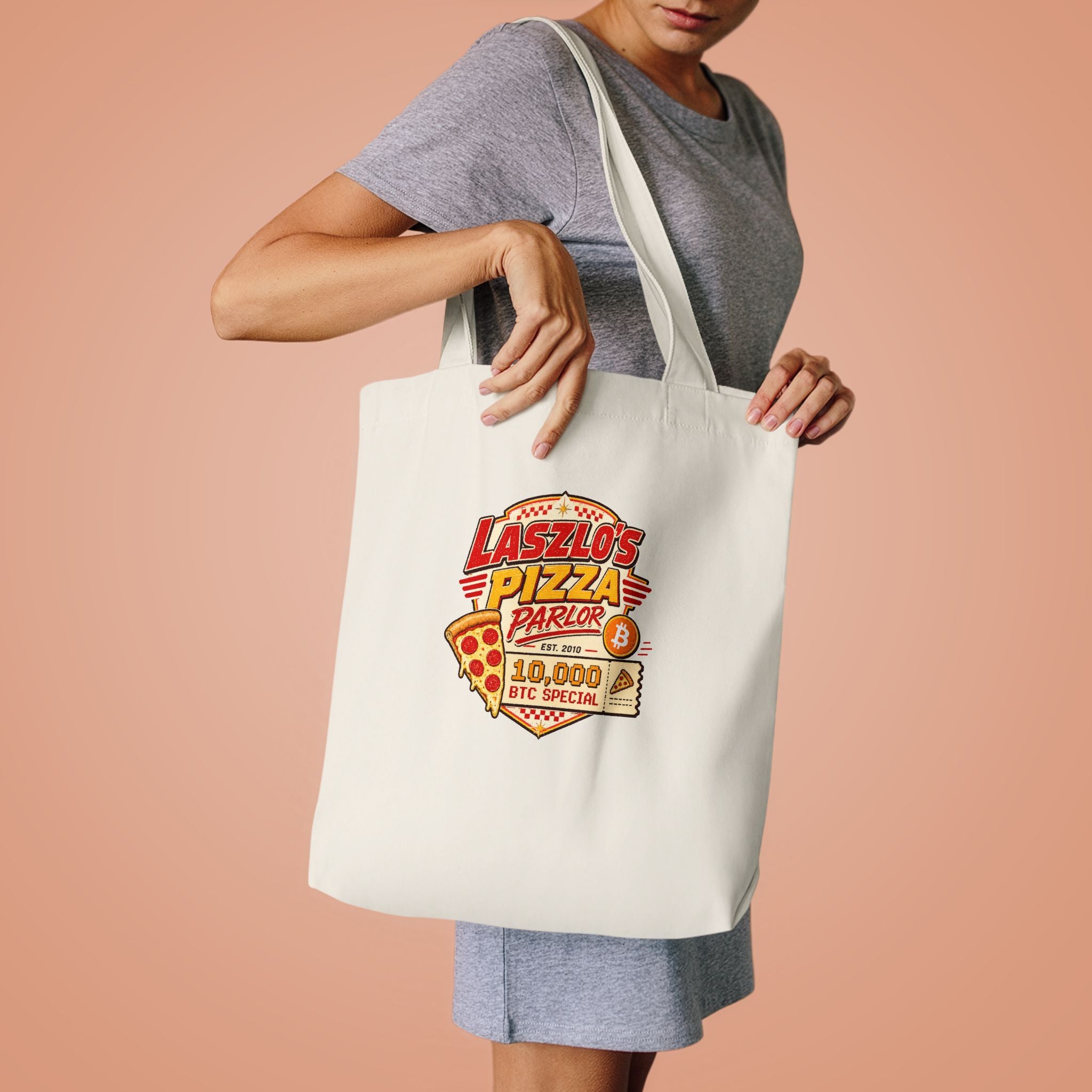 Bitcoin Pizza Day vintage pizza parlor print Tote Bag | Laszlo's Pizza Parlor | cotton canvas market bag