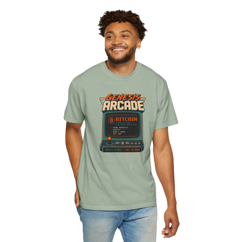 Bitcoin Genesis Block Heavyweight Retro Arcade T-Shirt | "Press Start" Bitcoin Tee | Comfort Colors 1717