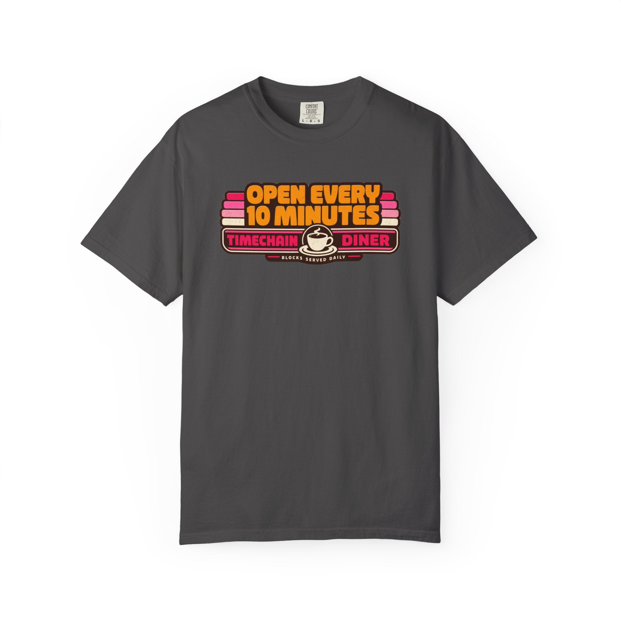 Incognito Heavyweight Open Every 10 Minutes Timechain Diner Tee | Retro Coffee T-Shirt | Comfort Colors 1717