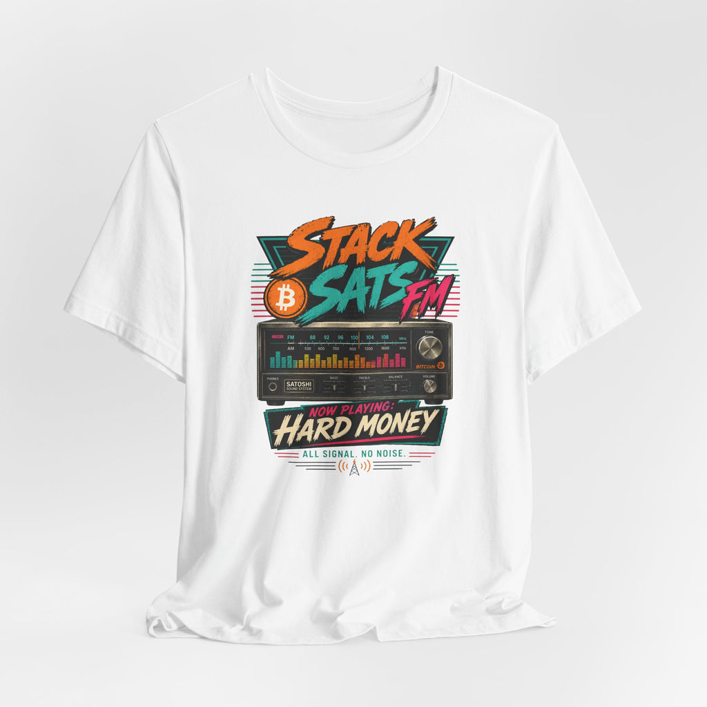 Stack Sats FM Radio cassette graphic T-shirt | Bitcoin hard money 80s retro Tee | Bella Canvas 3001