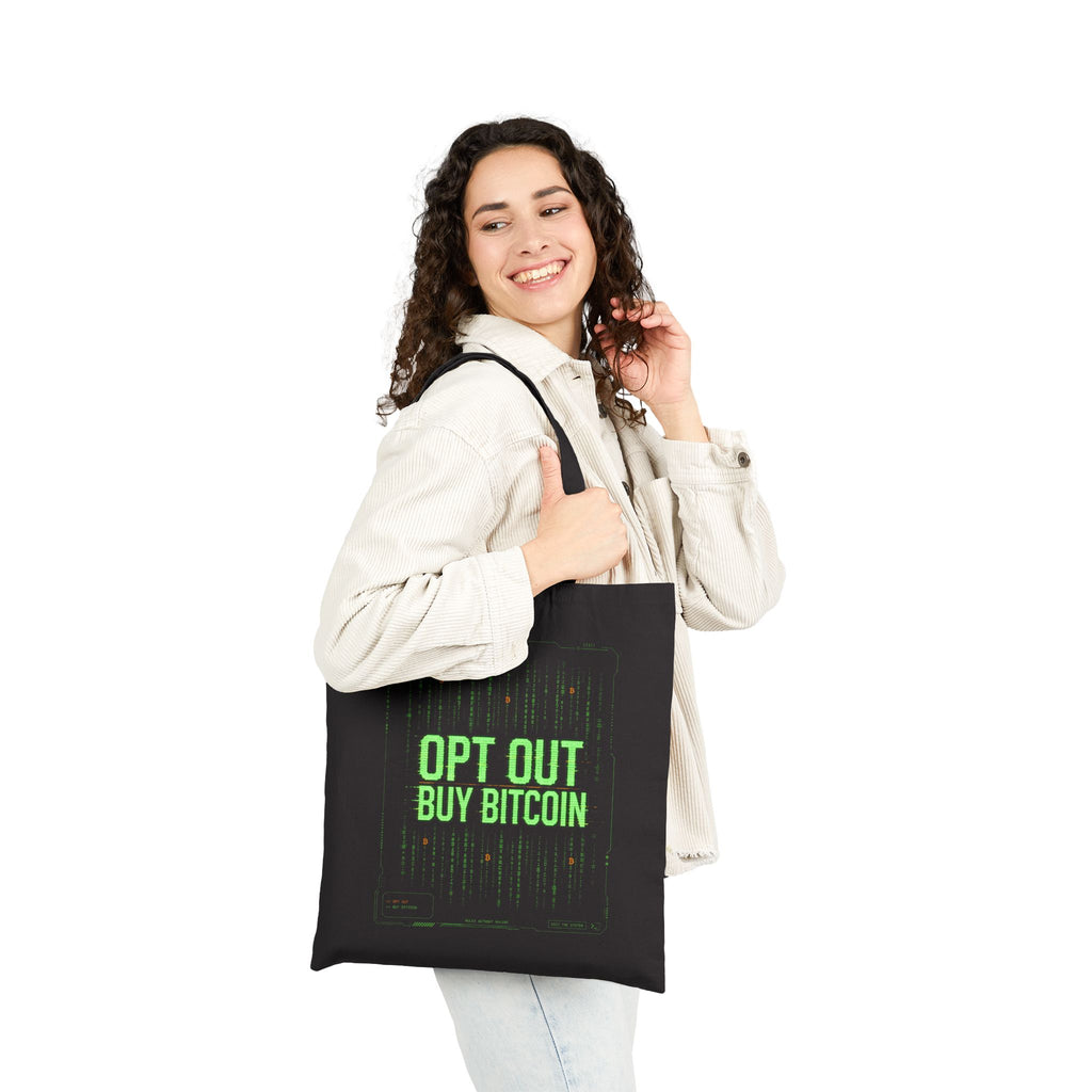 Opt Out Buy Bitcoin matrix-style cypherpunk code Tote