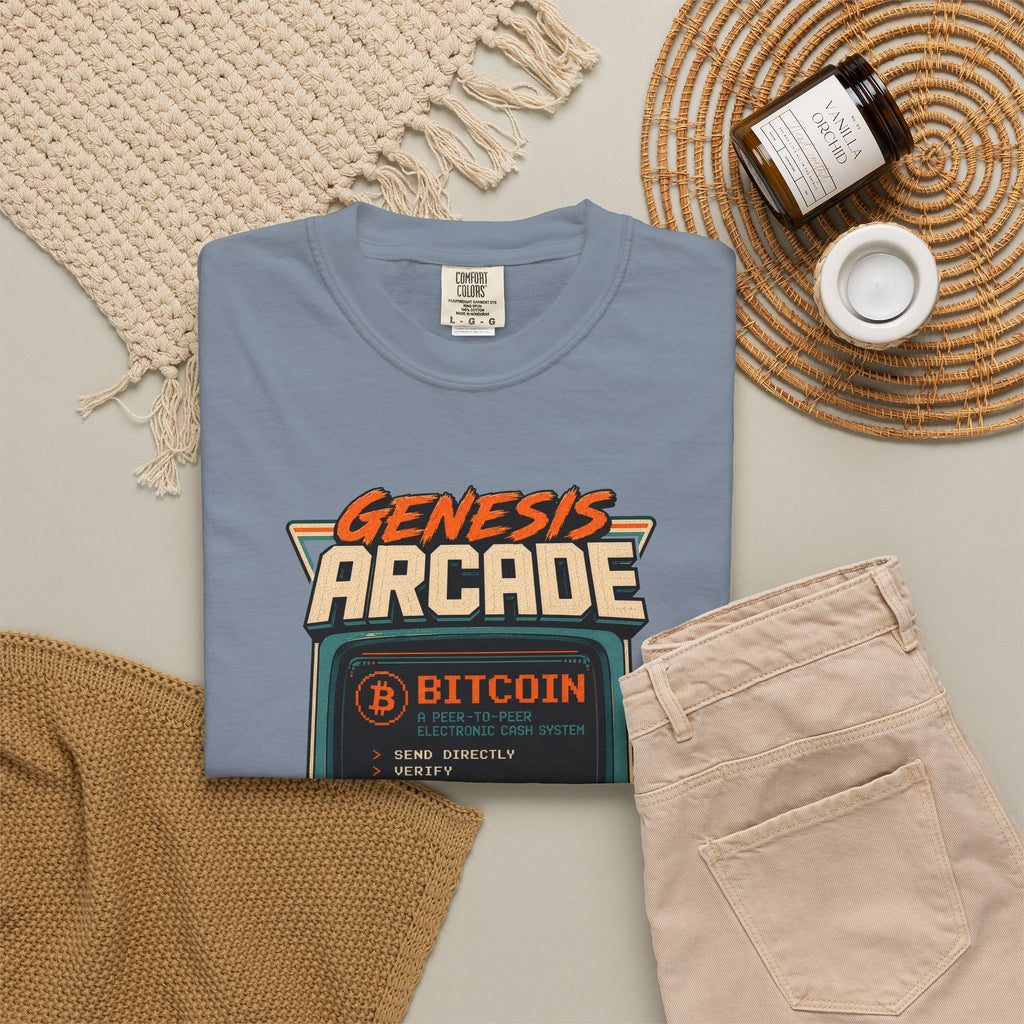 Bitcoin Genesis Block Heavyweight Retro Arcade T-Shirt | "Press Start" Bitcoin Tee | Comfort Colors 1717