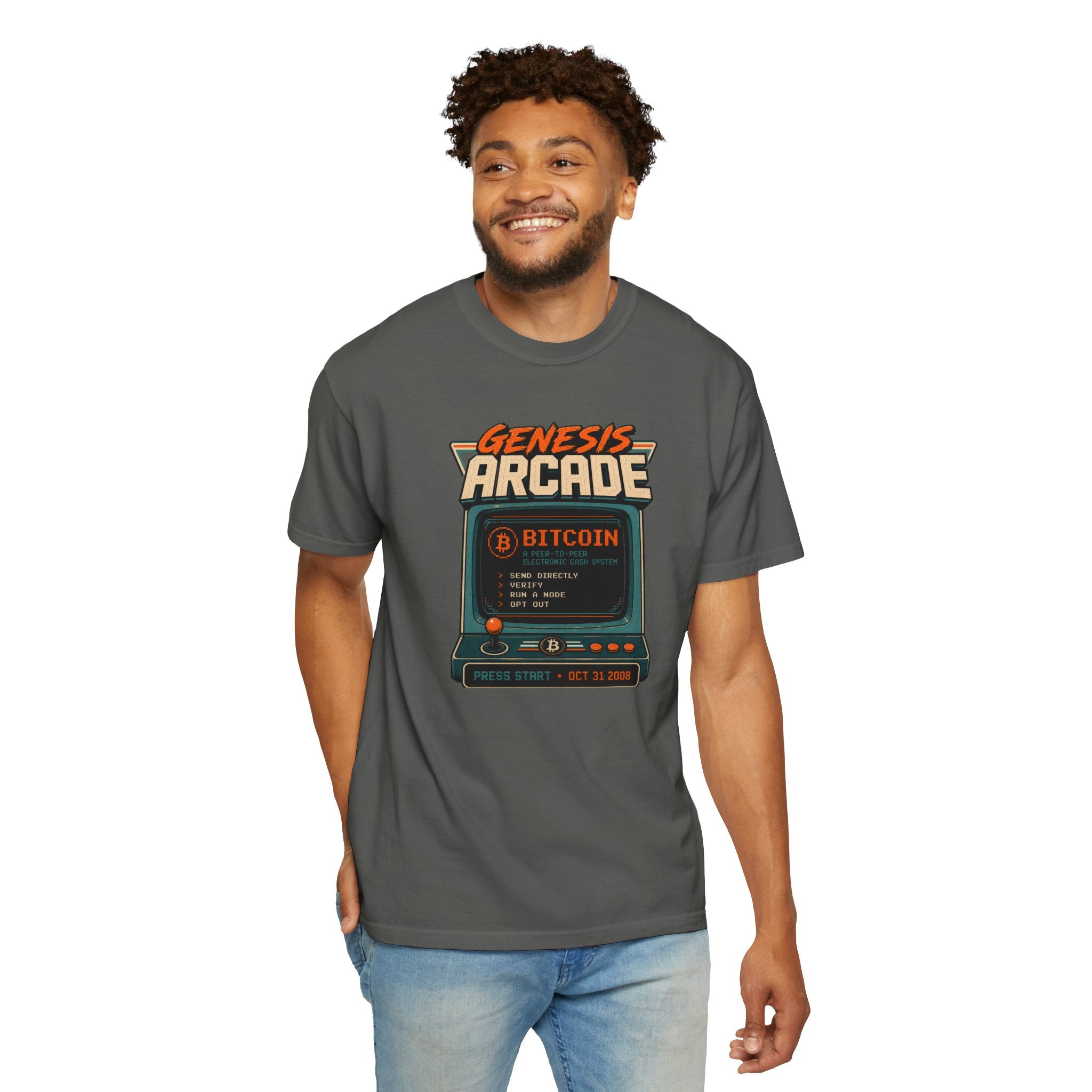 Bitcoin Genesis Block Heavyweight Retro Arcade T-Shirt | "Press Start" Bitcoin Tee | Comfort Colors 1717