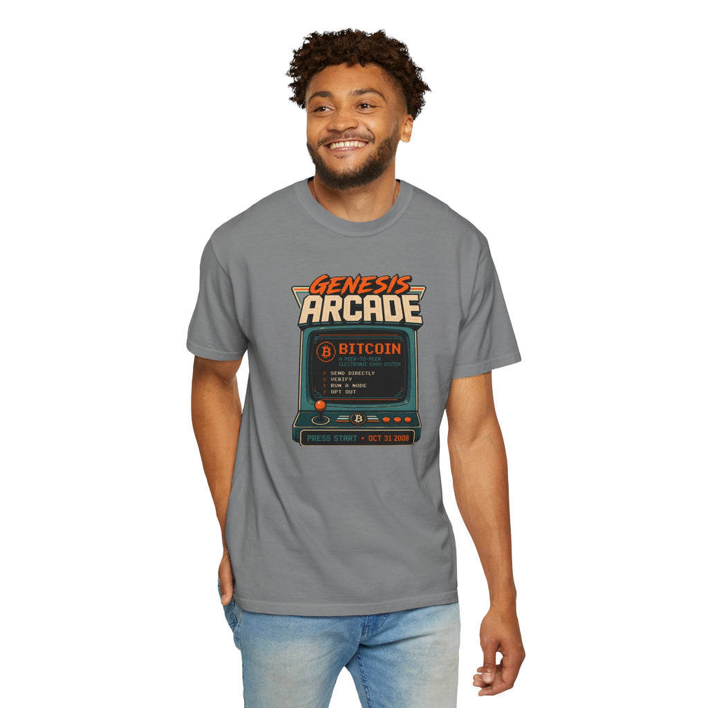 Bitcoin Genesis Block Heavyweight Retro Arcade T-Shirt | "Press Start" Bitcoin Tee | Comfort Colors 1717