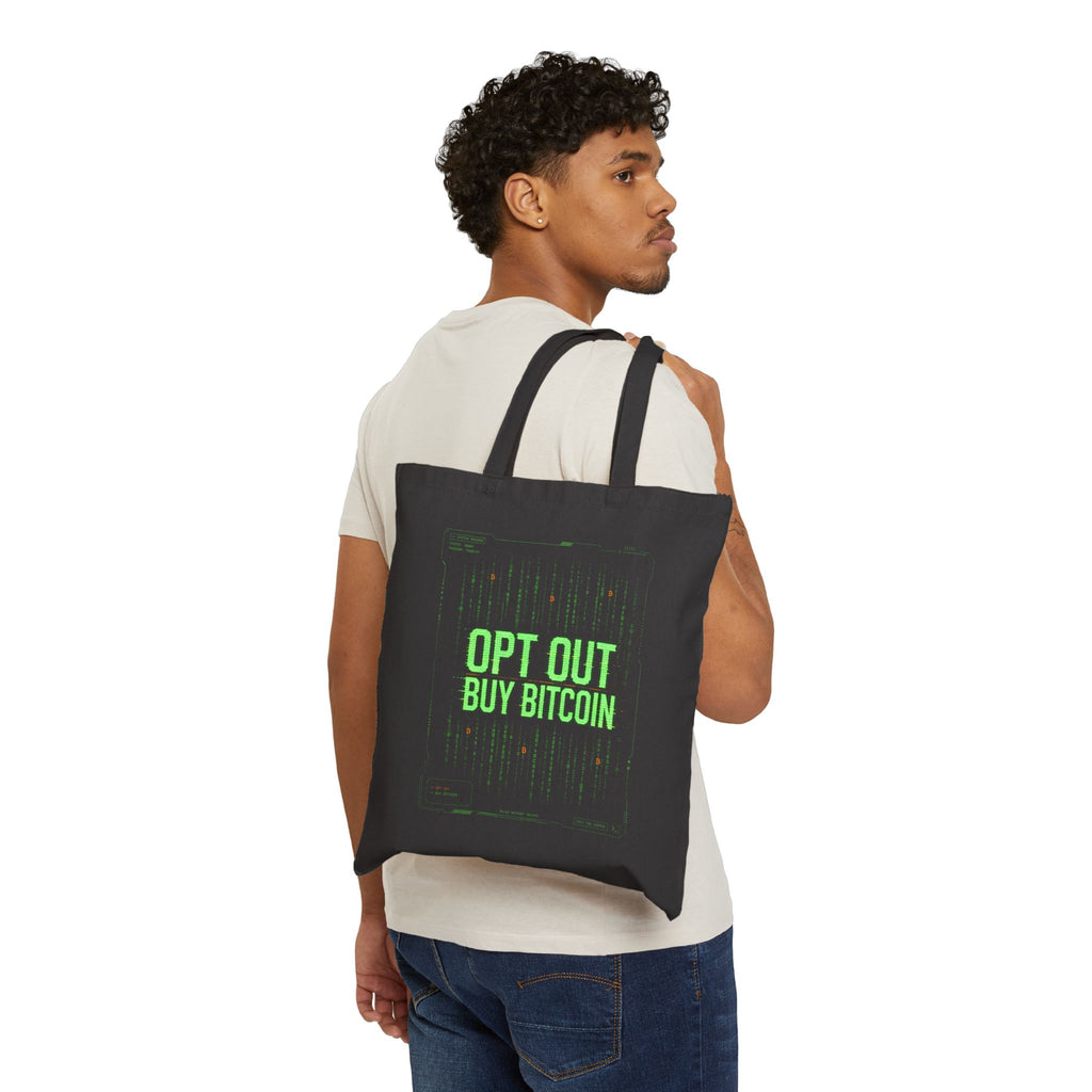 Opt Out Buy Bitcoin matrix-style cypherpunk code Tote