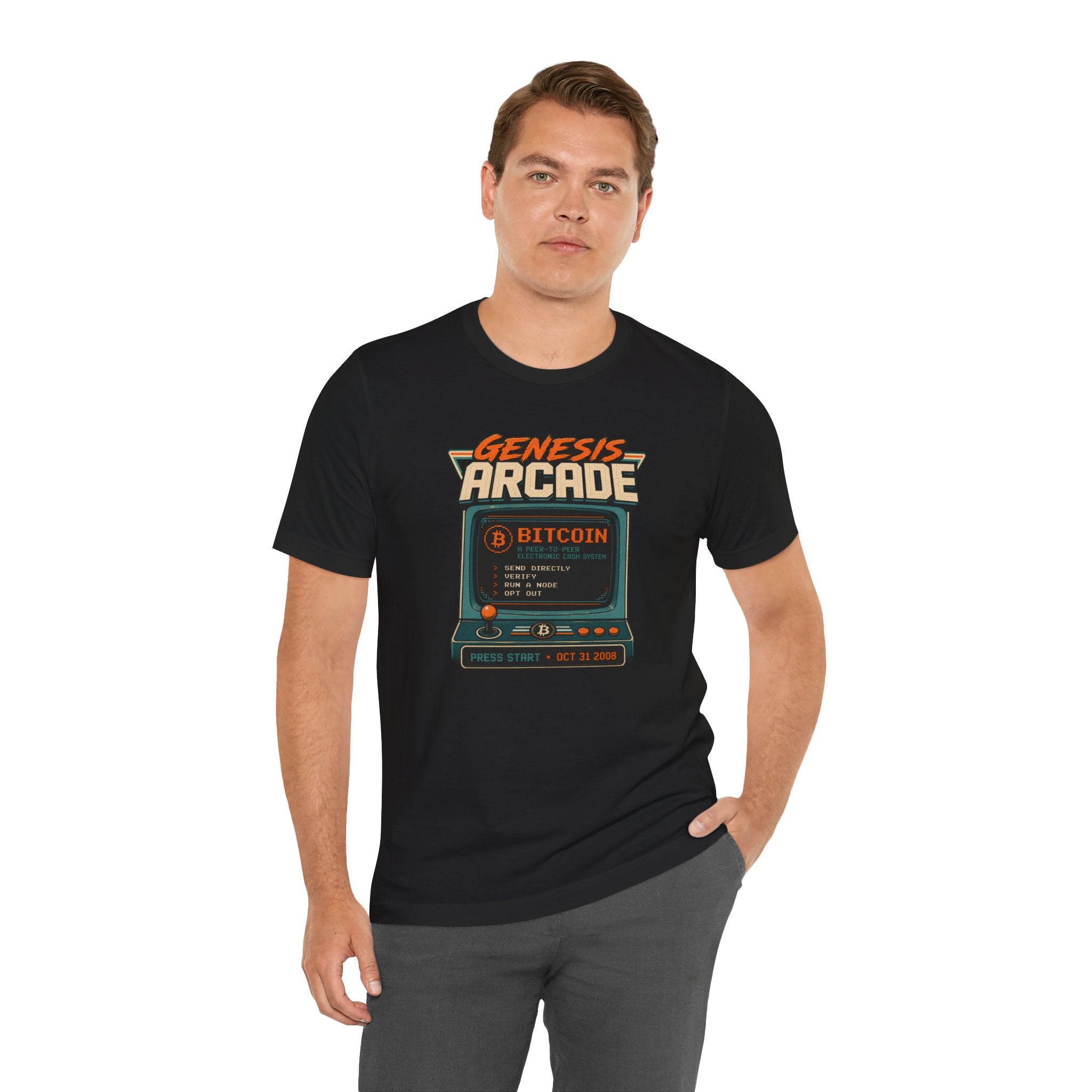 Bitcoin Genesis Block Retro Arcade Press Start T-Shirt | Bella Canvas 3001