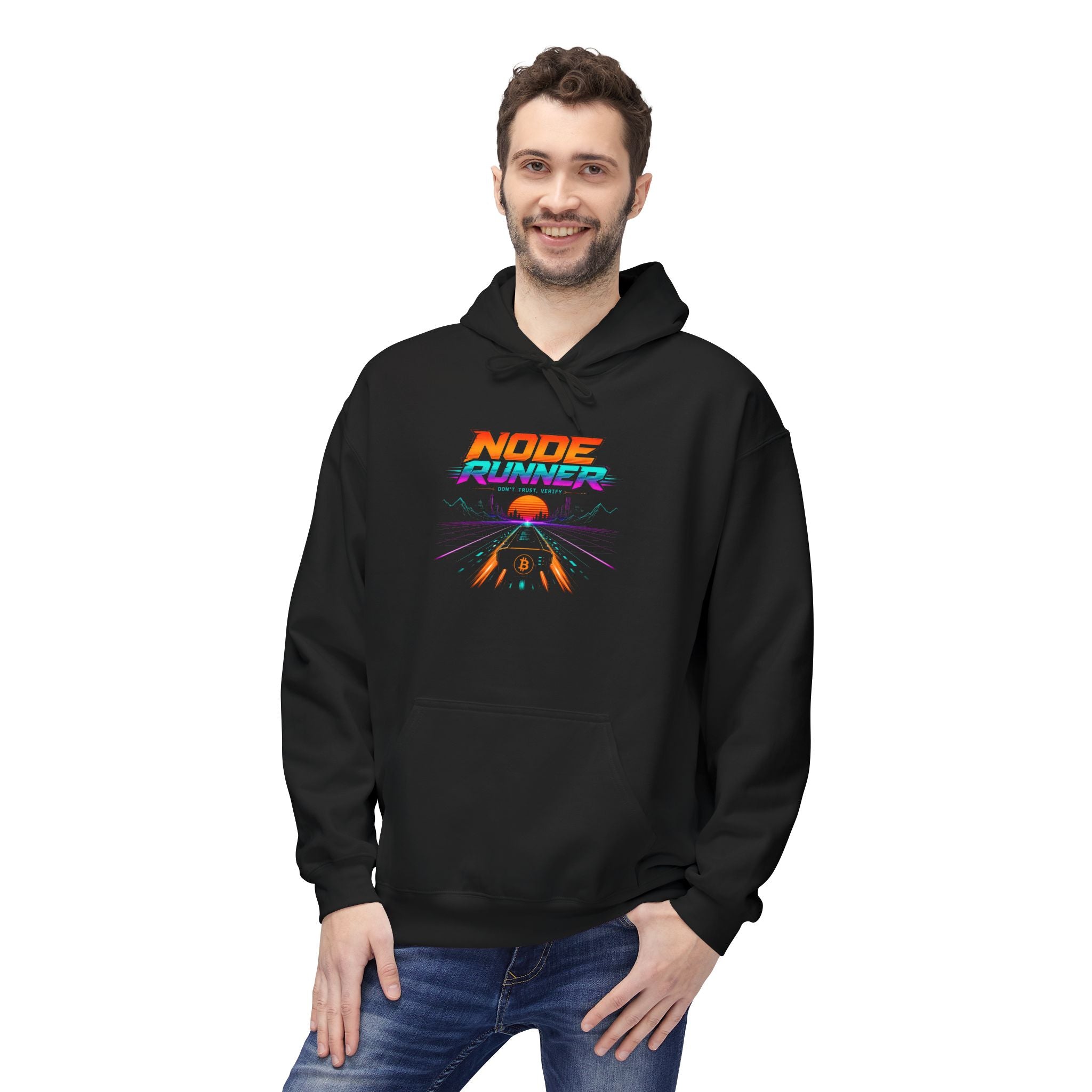 Node Runner retro cyberpunk hoodie | Bitcoin neon synthwave design pullover
