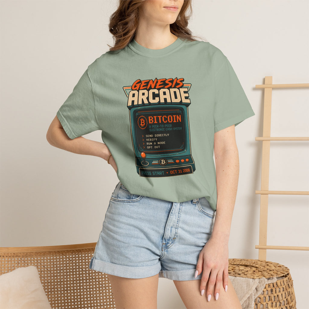Bitcoin Genesis Block Heavyweight Retro Arcade T-Shirt | "Press Start" Bitcoin Tee | Comfort Colors 1717