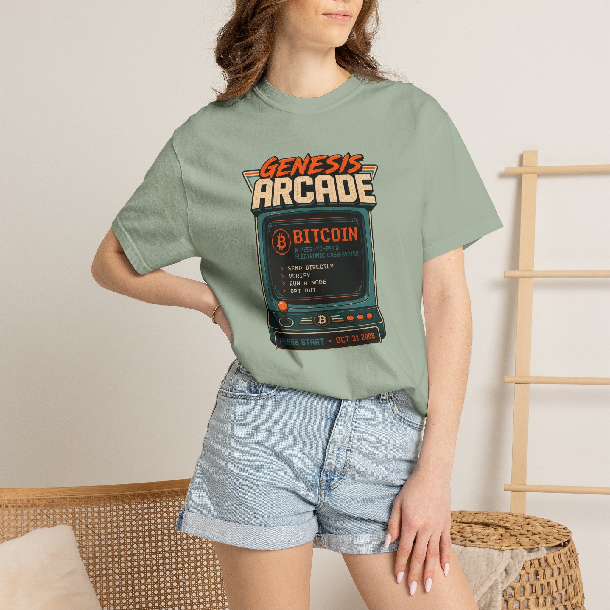 Bitcoin Genesis Block Heavyweight Retro Arcade T-Shirt | "Press Start" Bitcoin Tee | Comfort Colors 1717