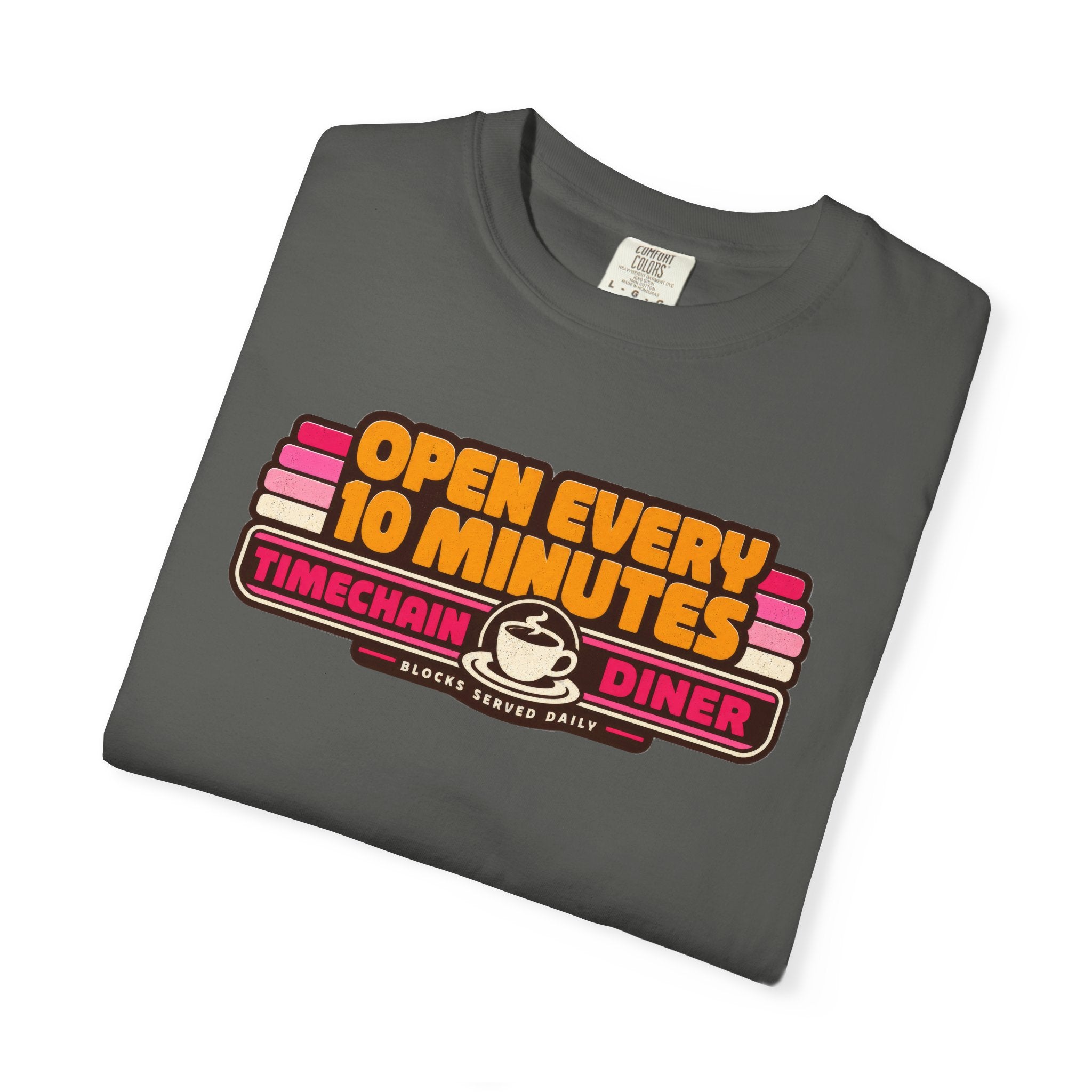 Incognito Heavyweight Open Every 10 Minutes Timechain Diner Tee | Retro Coffee T-Shirt | Comfort Colors 1717