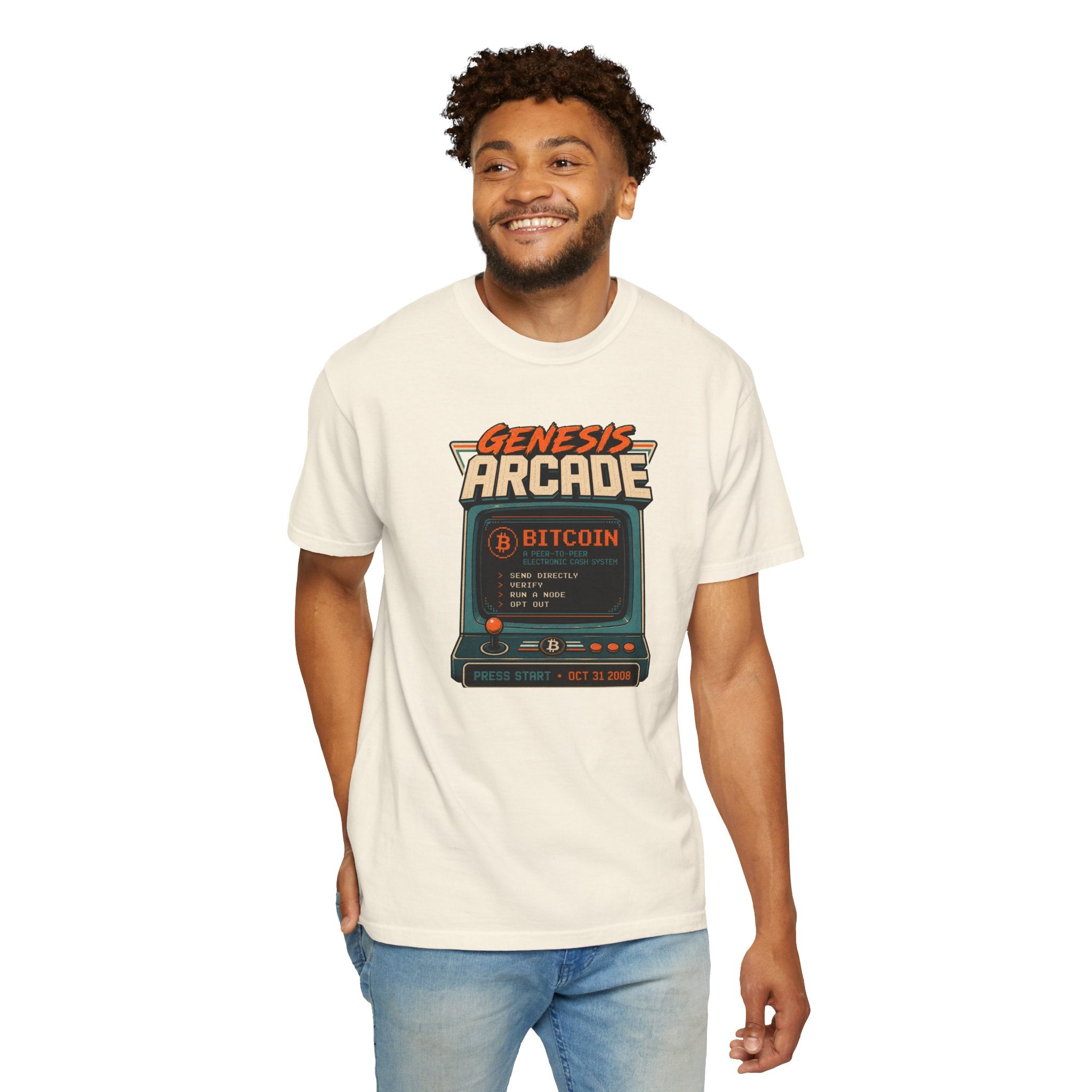 Bitcoin Genesis Block Heavyweight Retro Arcade T-Shirt | "Press Start" Bitcoin Tee | Comfort Colors 1717
