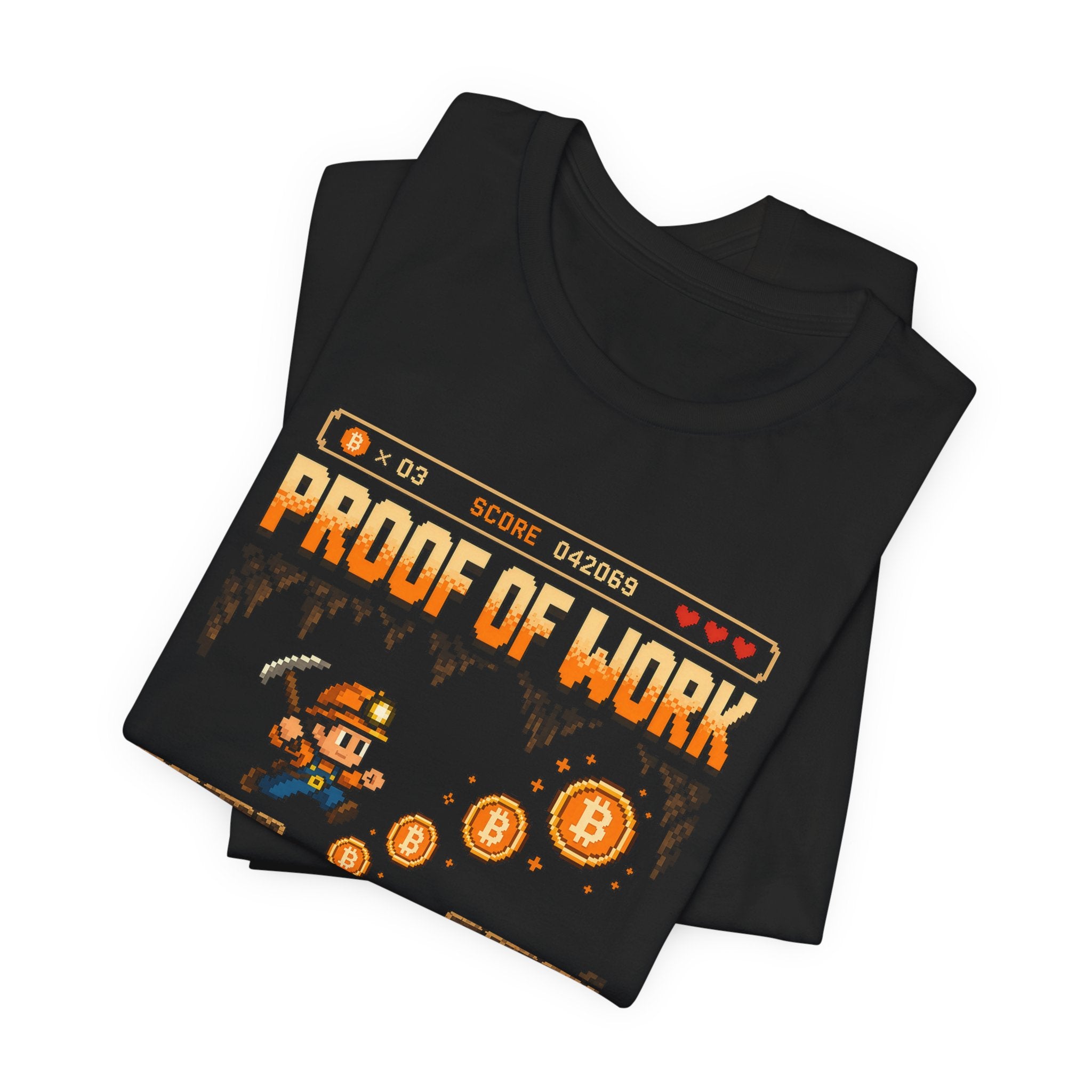 Proof of Work Stack Sats T-Shirt | Retro Pixel Bitcoin Miner Tee | Bella Canvas 3001