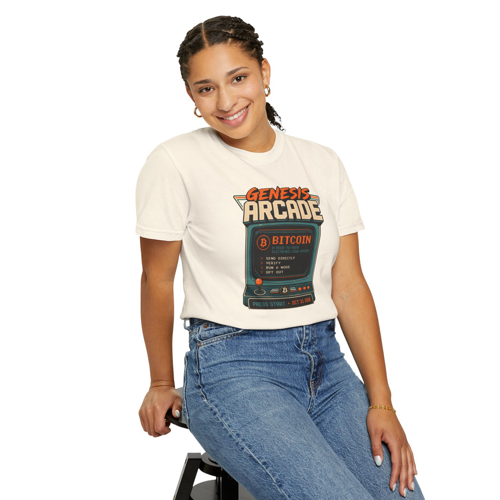 Bitcoin Genesis Block Heavyweight Retro Arcade T-Shirt | "Press Start" Bitcoin Tee | Comfort Colors 1717