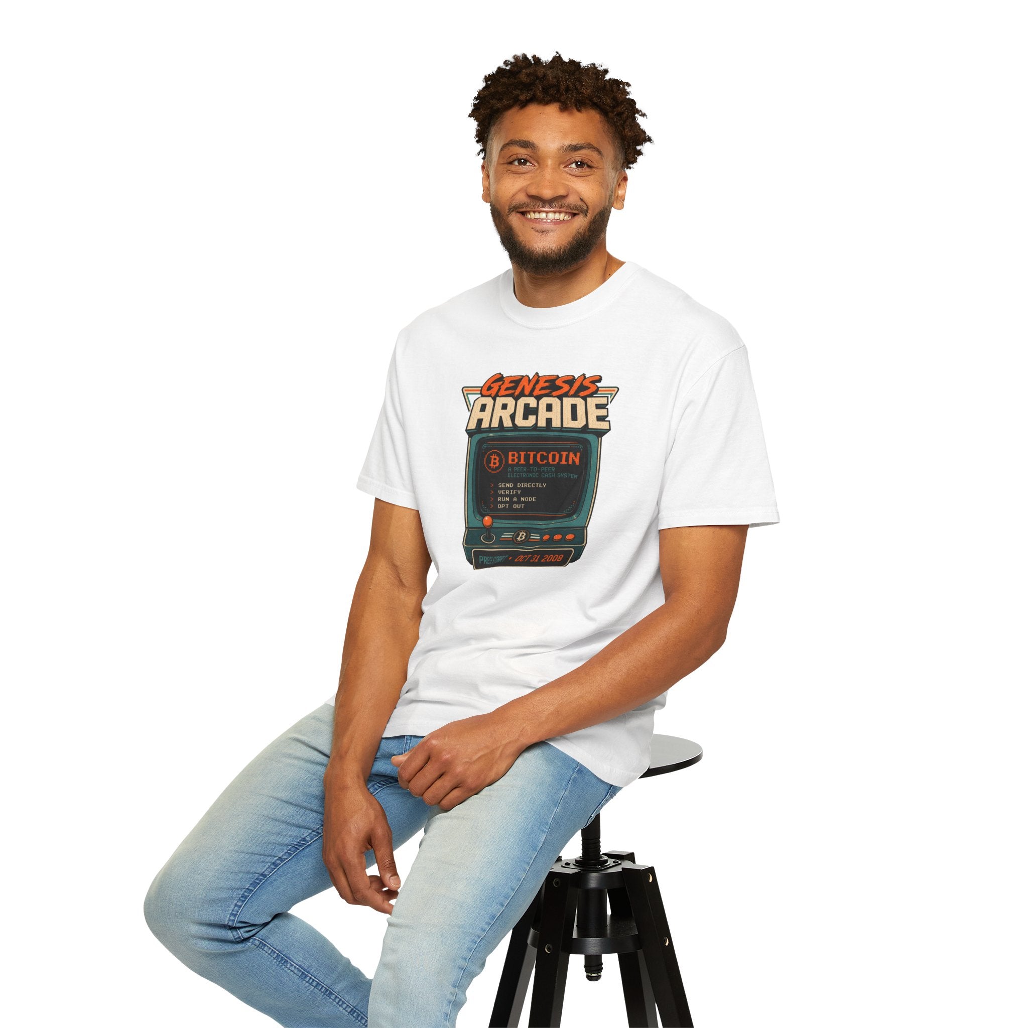 Bitcoin Genesis Block Heavyweight Retro Arcade T-Shirt | "Press Start" Bitcoin Tee | Comfort Colors 1717