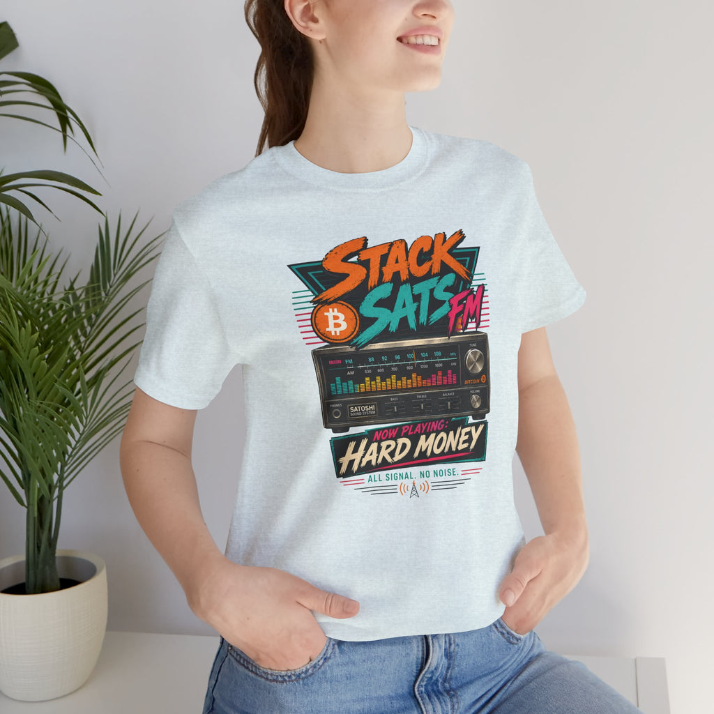 Stack Sats FM Radio cassette graphic T-shirt | Bitcoin hard money 80s retro Tee | Bella Canvas 3001