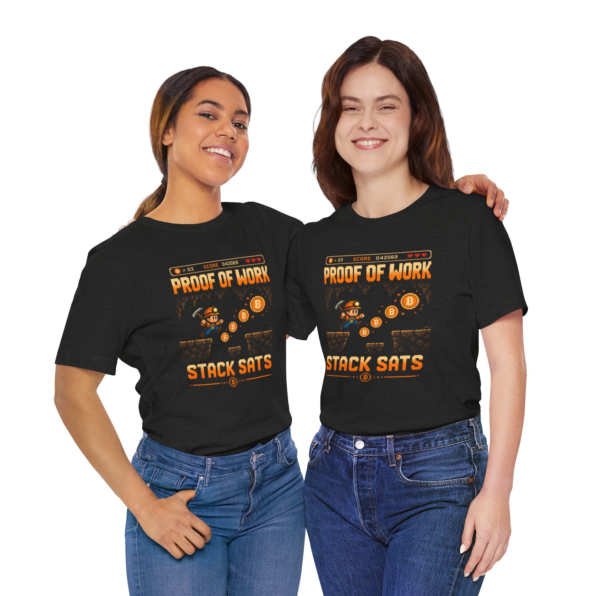 Proof of Work Stack Sats T-Shirt | Retro Pixel Bitcoin Miner Tee | Bella Canvas 3001