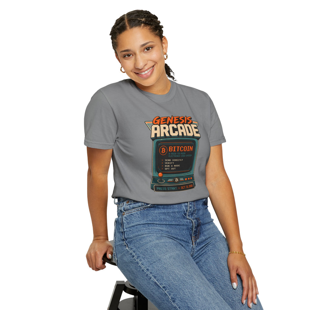 Bitcoin Genesis Block Heavyweight Retro Arcade T-Shirt | "Press Start" Bitcoin Tee | Comfort Colors 1717