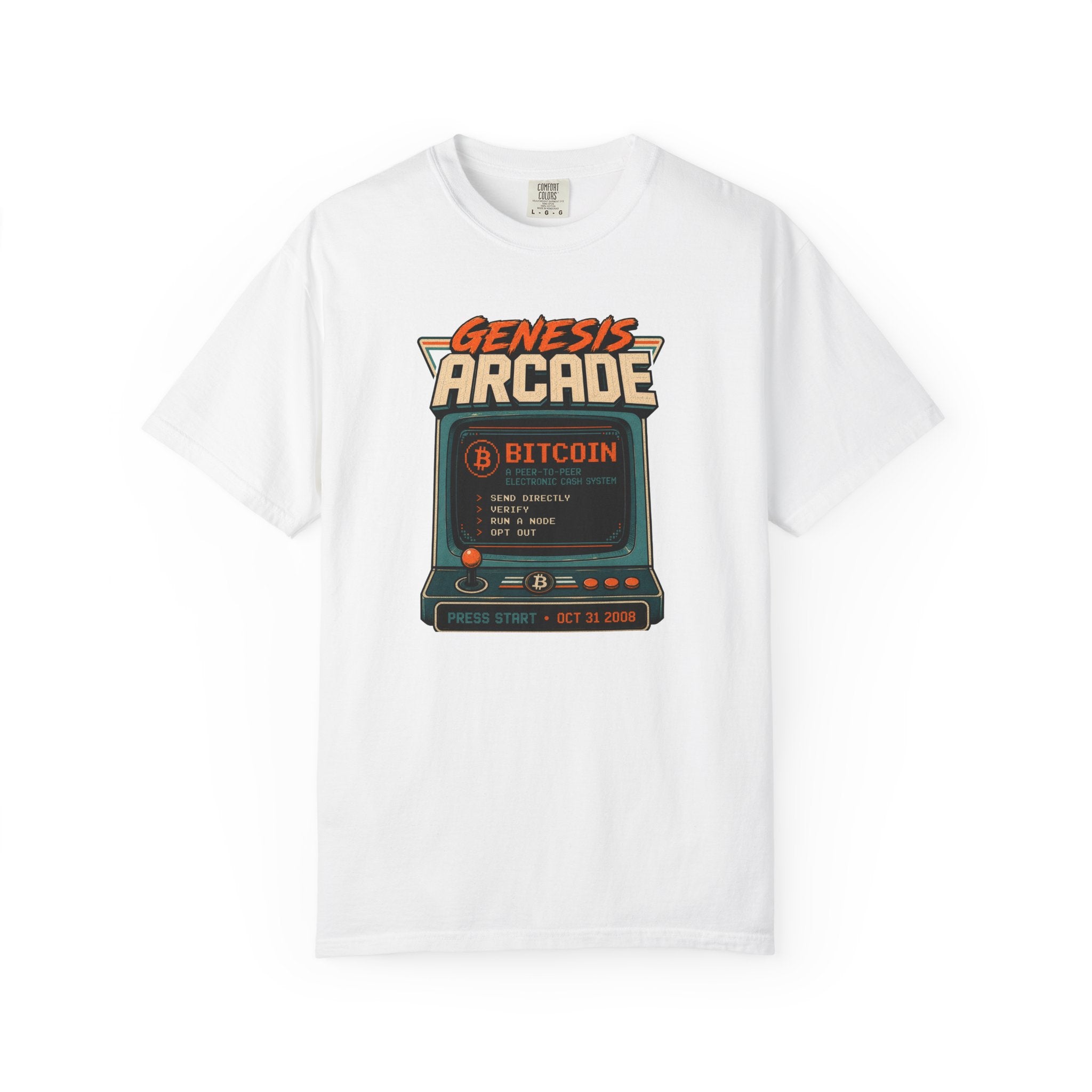 Bitcoin Genesis Block Heavyweight Retro Arcade T-Shirt | "Press Start" Bitcoin Tee | Comfort Colors 1717