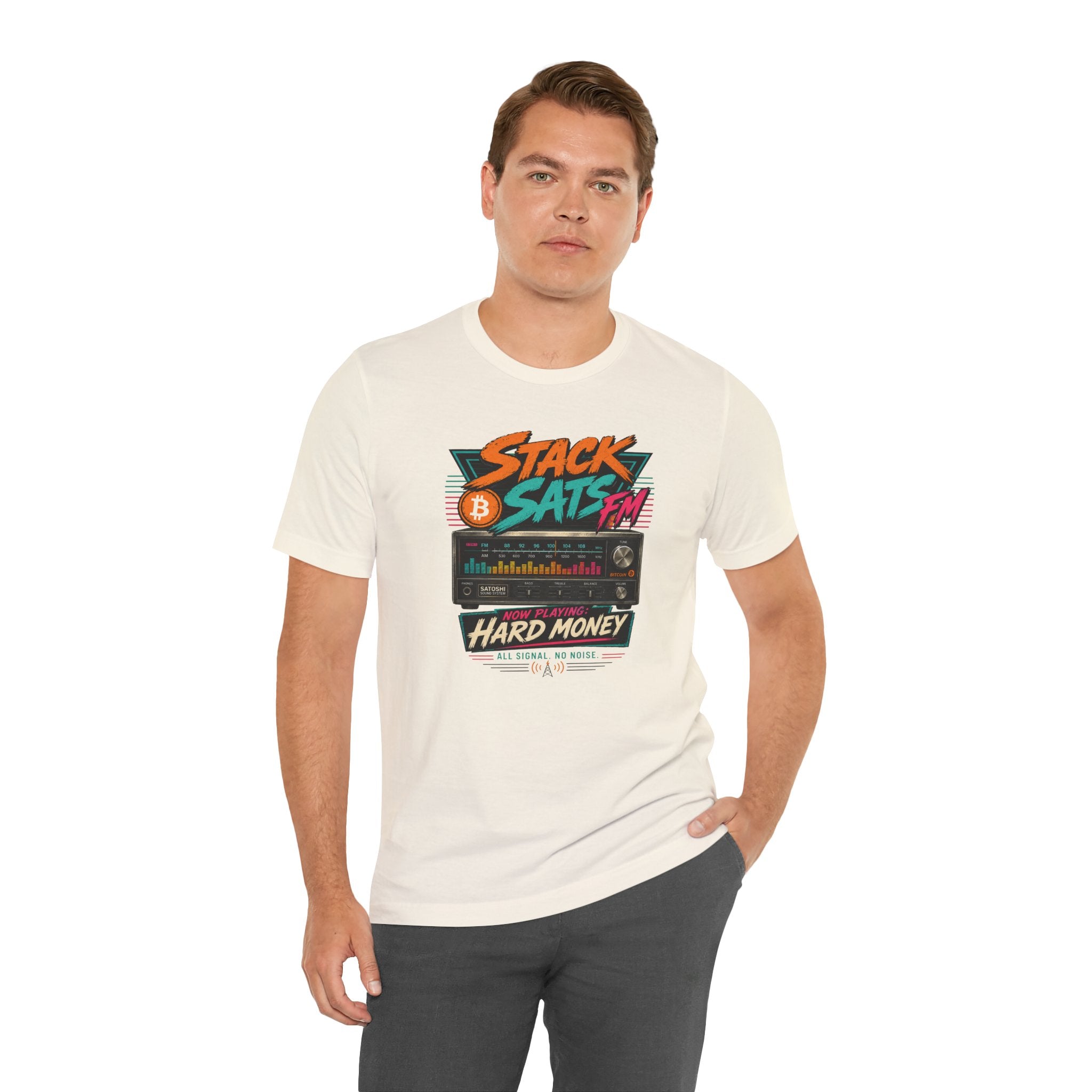 Stack Sats FM Radio cassette graphic T-shirt | Bitcoin hard money 80s retro Tee | Bella Canvas 3001