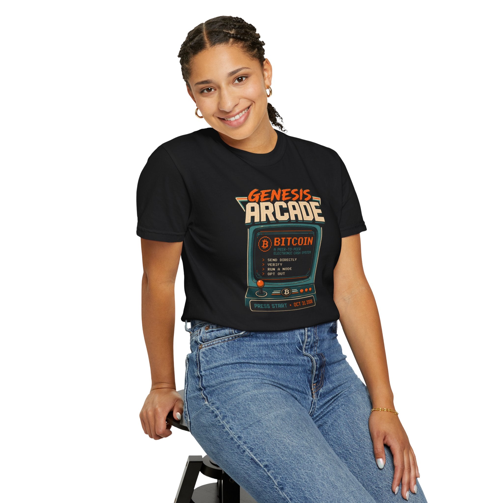 Bitcoin Genesis Block Heavyweight Retro Arcade T-Shirt | "Press Start" Bitcoin Tee | Comfort Colors 1717