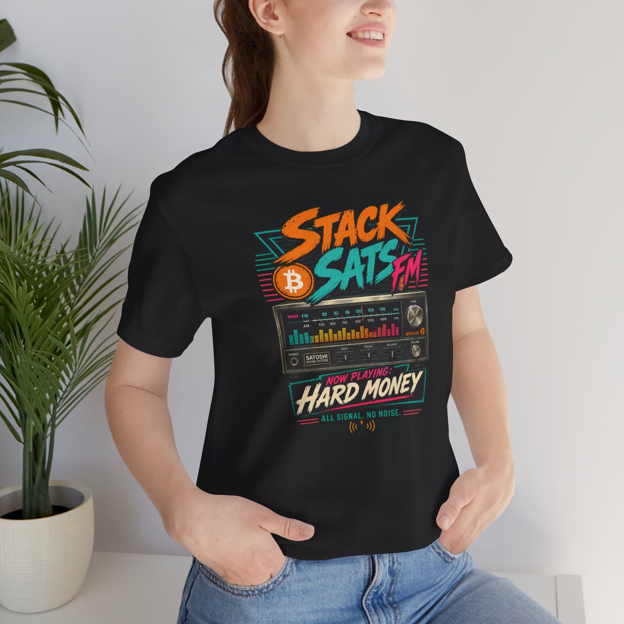 Stack Sats FM Radio cassette graphic T-shirt | Bitcoin hard money 80s retro Tee | Bella Canvas 3001