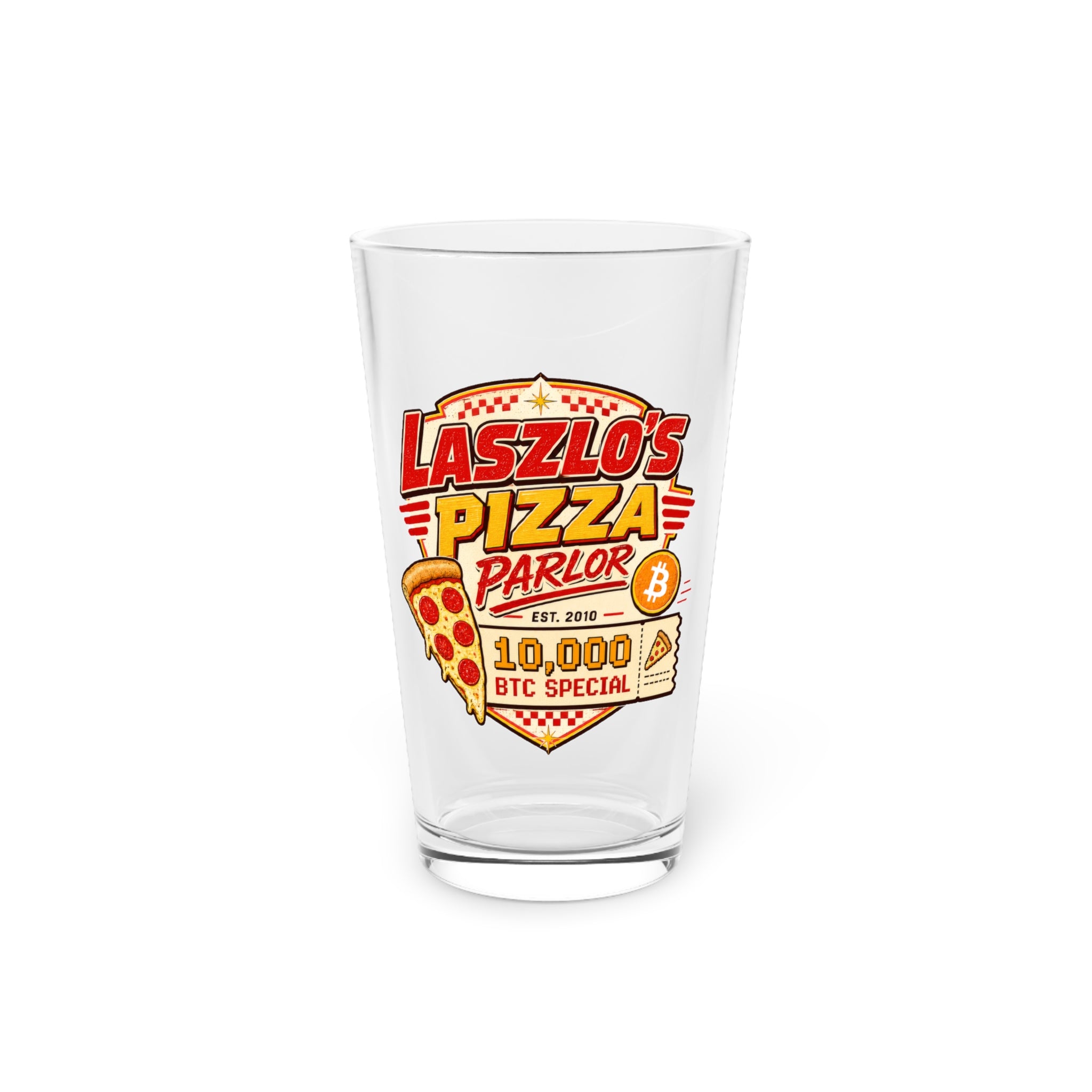 Laszlo's Pizza Parlor logo Pint Glass | Bitcoin Pizza Day | 16oz  glass