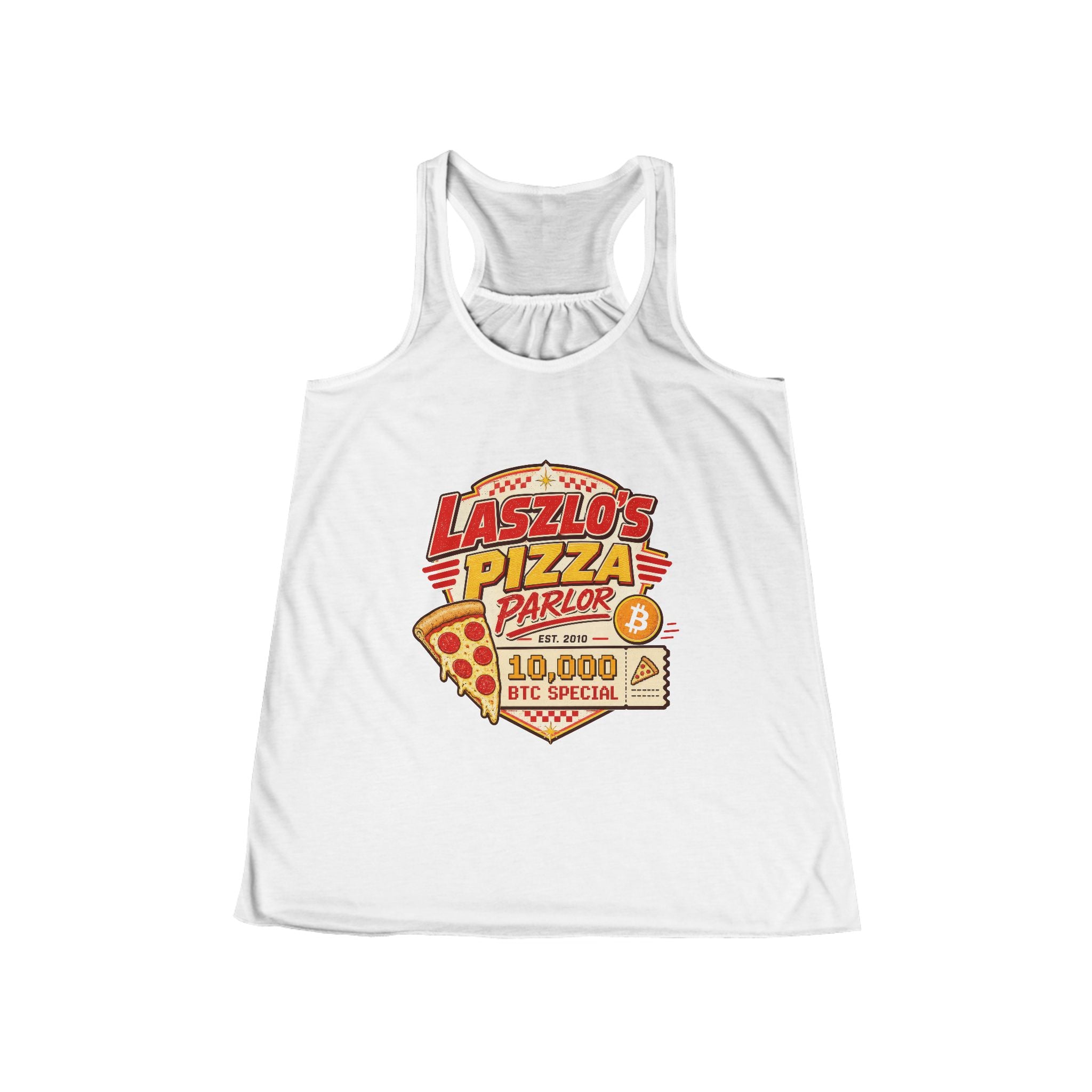 Laszlo's Pizza Parlor 10,000 BTC Special Tank | Bitcoin Pizza Day | Bella Canvas 8800 Women's Flowy Racerback Tank