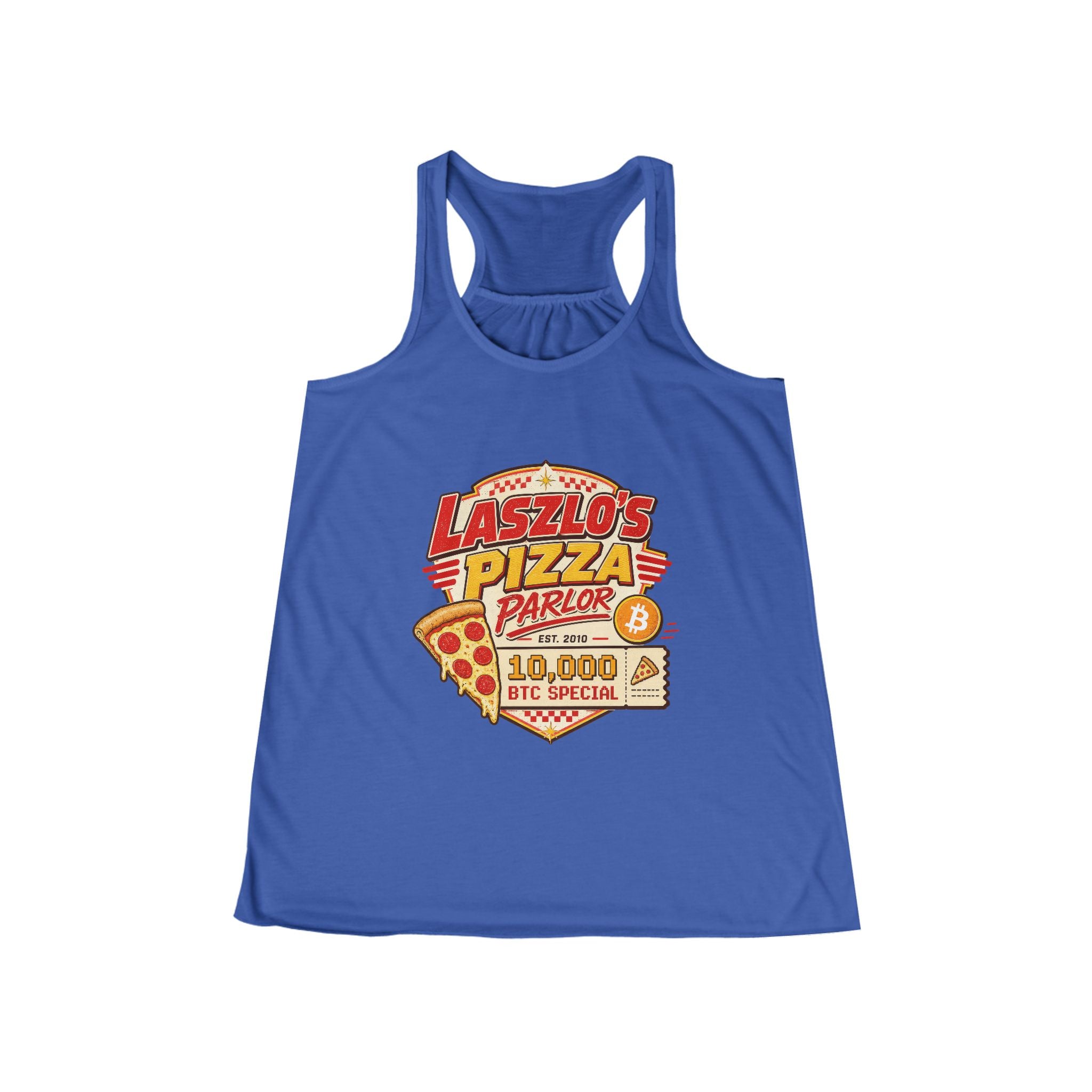 Laszlo's Pizza Parlor 10,000 BTC Special Tank | Bitcoin Pizza Day | Bella Canvas 8800 Women's Flowy Racerback Tank