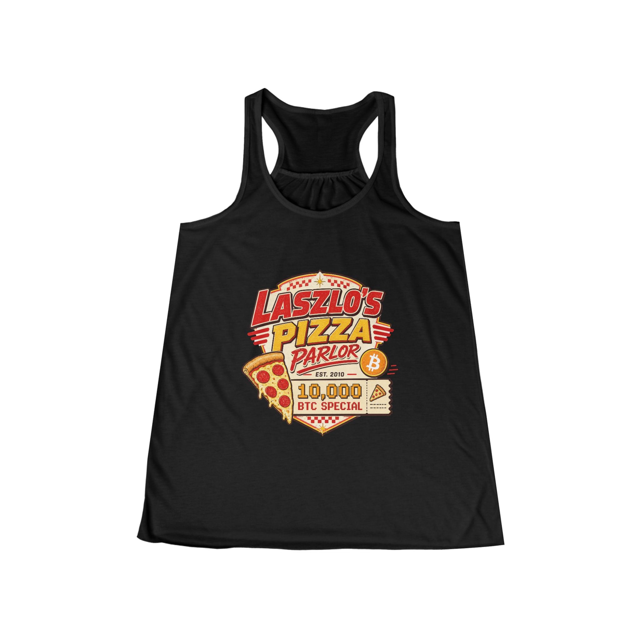 Laszlo's Pizza Parlor 10,000 BTC Special Tank | Bitcoin Pizza Day | Bella Canvas 8800 Women's Flowy Racerback Tank