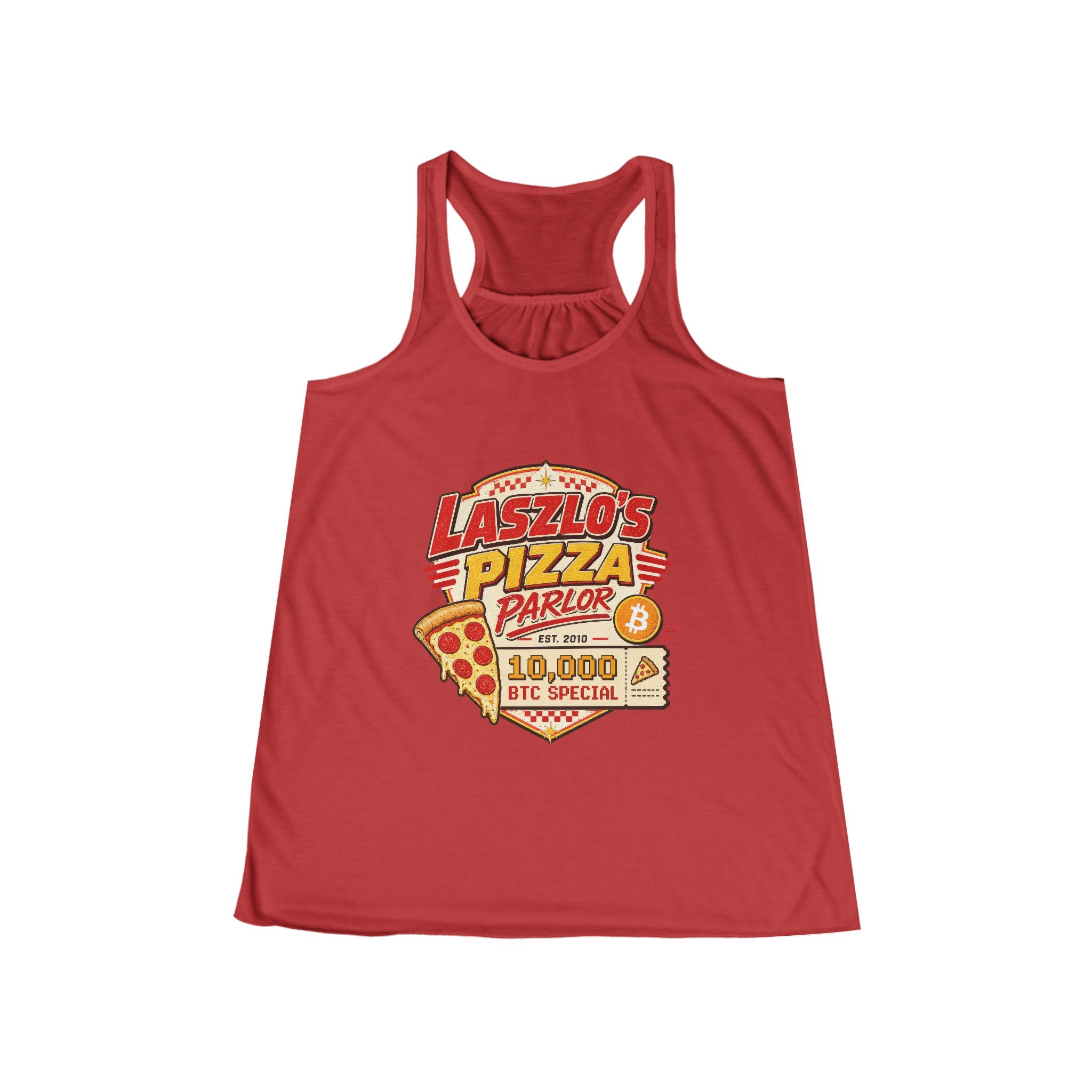 Laszlo's Pizza Parlor 10,000 BTC Special Tank | Bitcoin Pizza Day | Bella Canvas 8800 Women's Flowy Racerback Tank