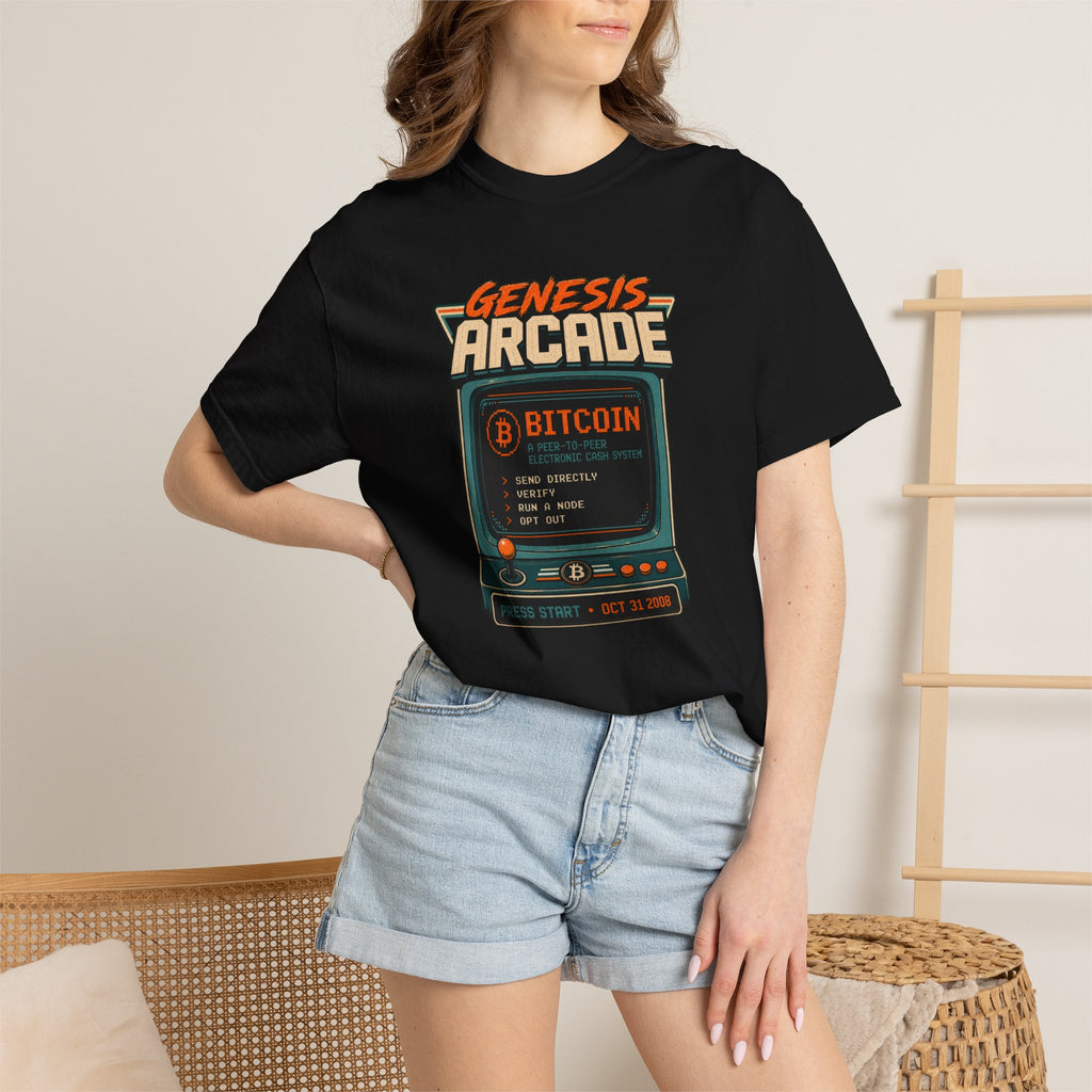 Bitcoin Genesis Block Heavyweight Retro Arcade T-Shirt | "Press Start" Bitcoin Tee | Comfort Colors 1717