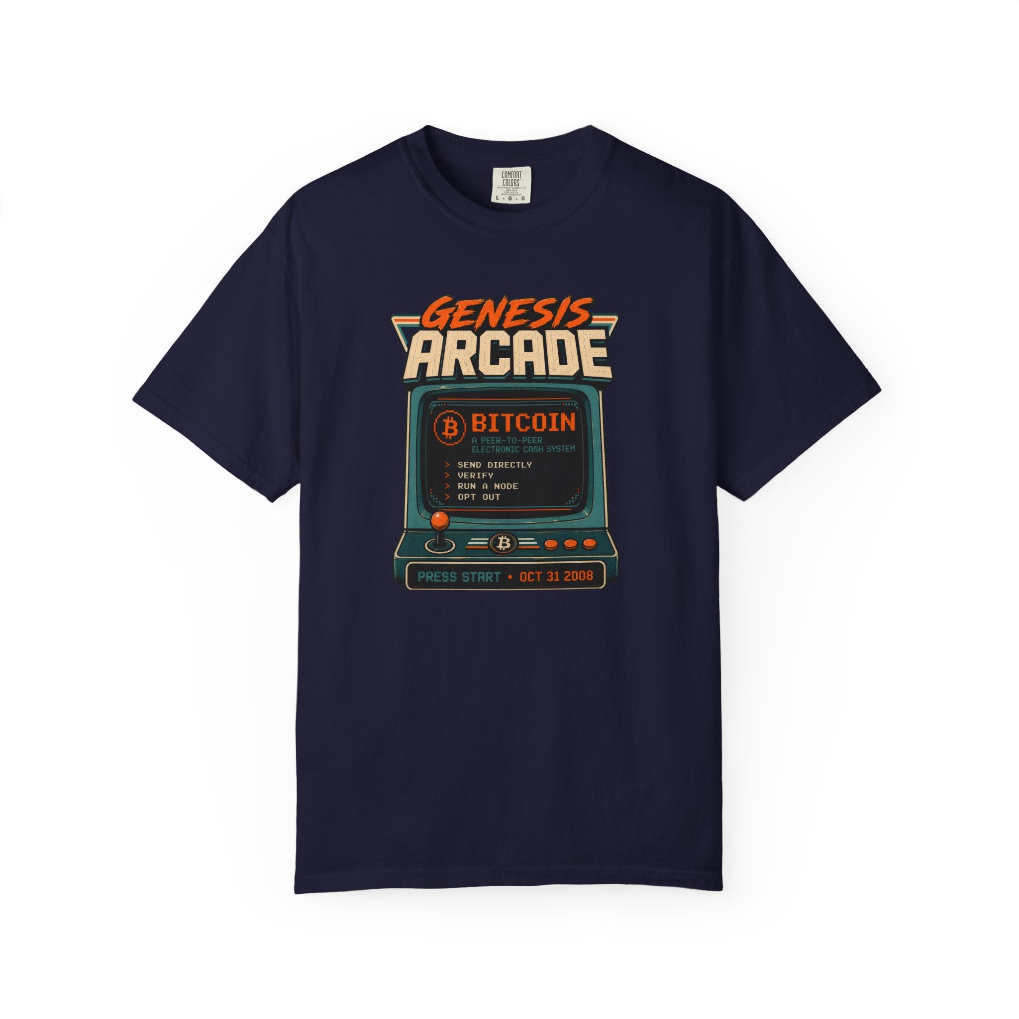Bitcoin Genesis Block Heavyweight Retro Arcade T-Shirt | "Press Start" Bitcoin Tee | Comfort Colors 1717