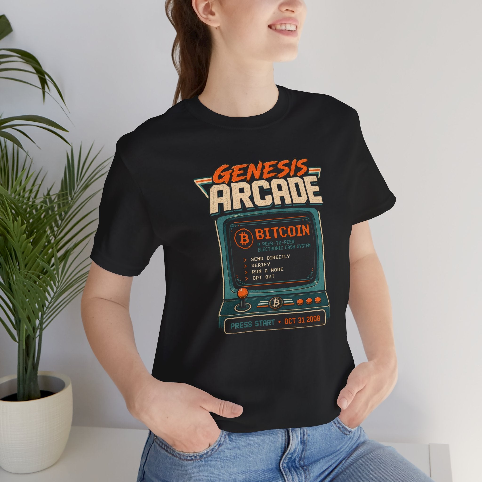 Bitcoin Genesis Block Retro Arcade Press Start T-Shirt | Bella Canvas 3001