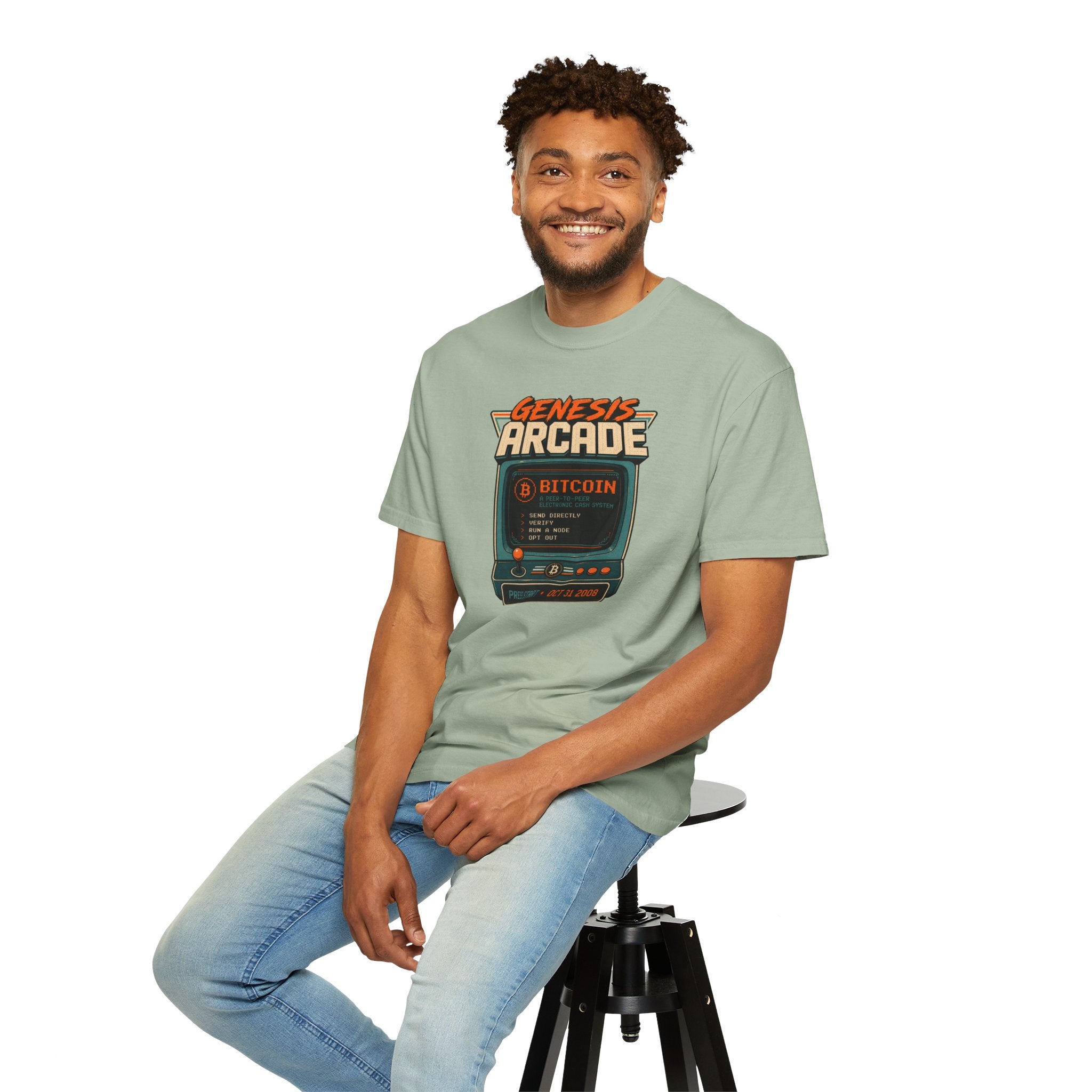 Bitcoin Genesis Block Heavyweight Retro Arcade T-Shirt | "Press Start" Bitcoin Tee | Comfort Colors 1717