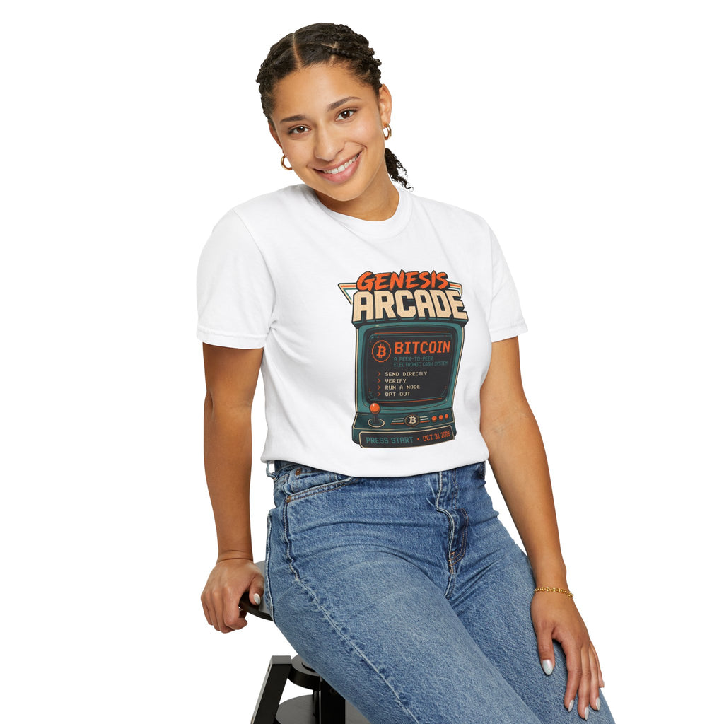 Bitcoin Genesis Block Heavyweight Retro Arcade T-Shirt | "Press Start" Bitcoin Tee | Comfort Colors 1717