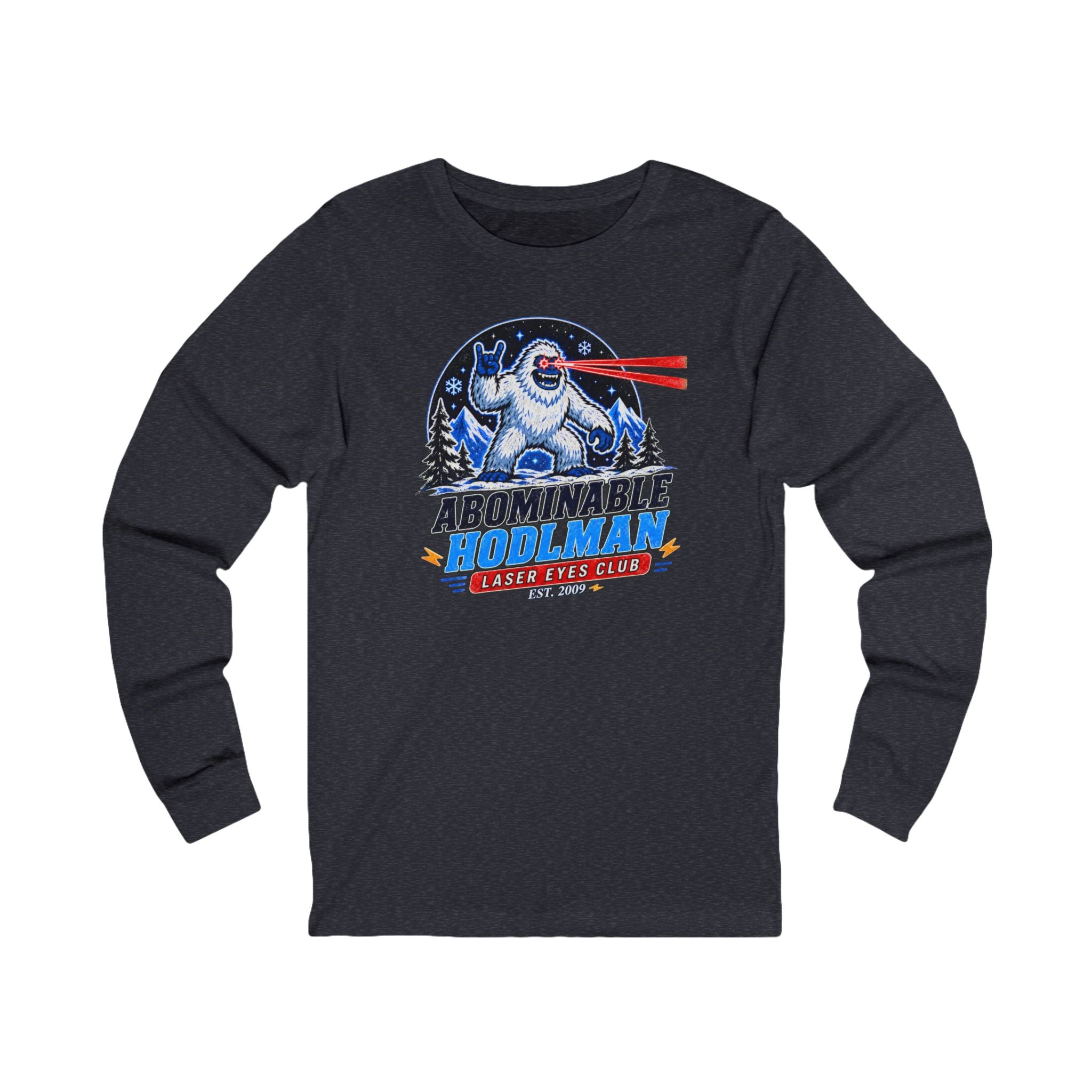 Abominable Hodlman Laser Eyes Club Bitcoin Tee | Yeti Holiday Shirt | Long Sleeve Shirt | Bella Canvas 3501