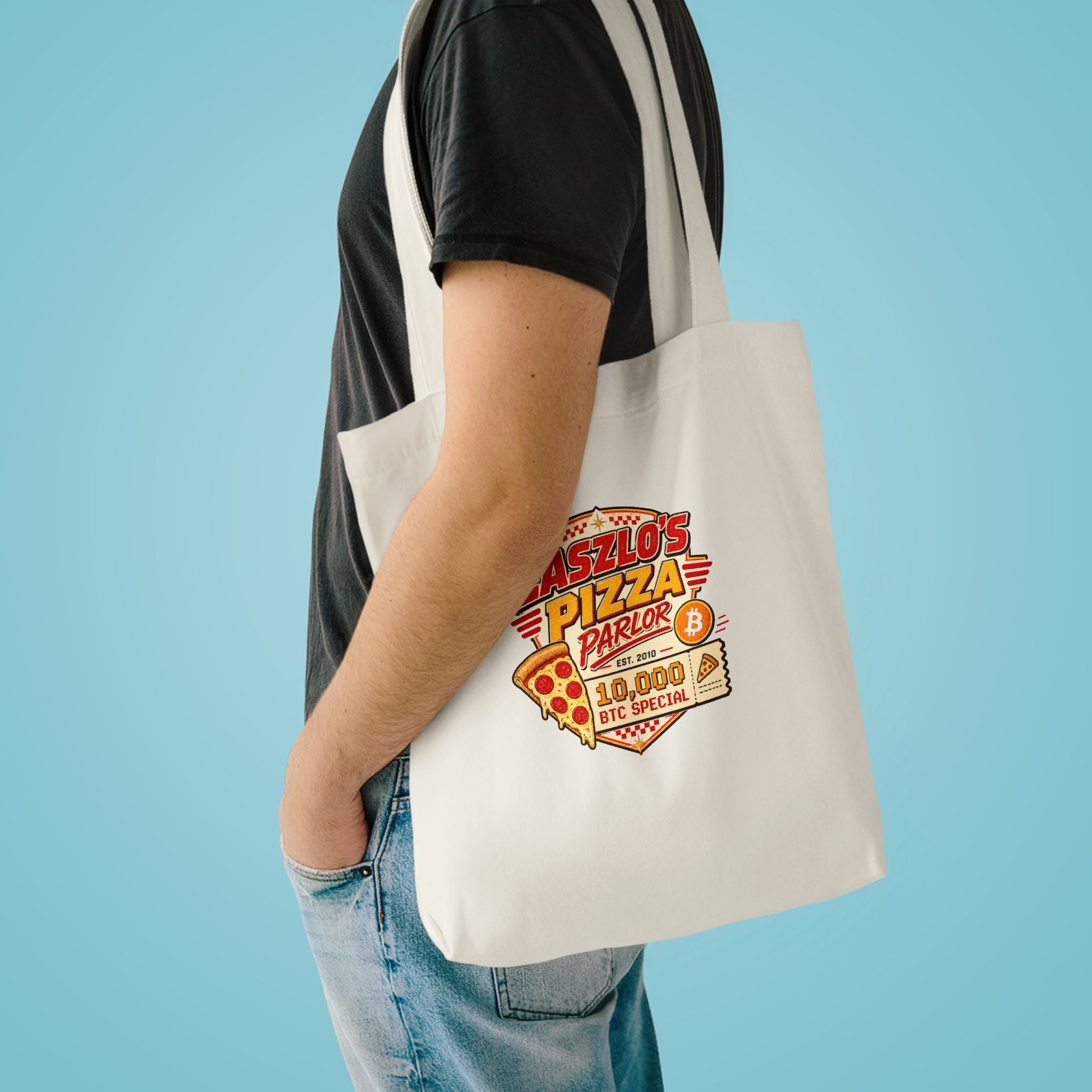 Bitcoin Pizza Day vintage pizza parlor print Tote Bag | Laszlo's Pizza Parlor | cotton canvas market bag