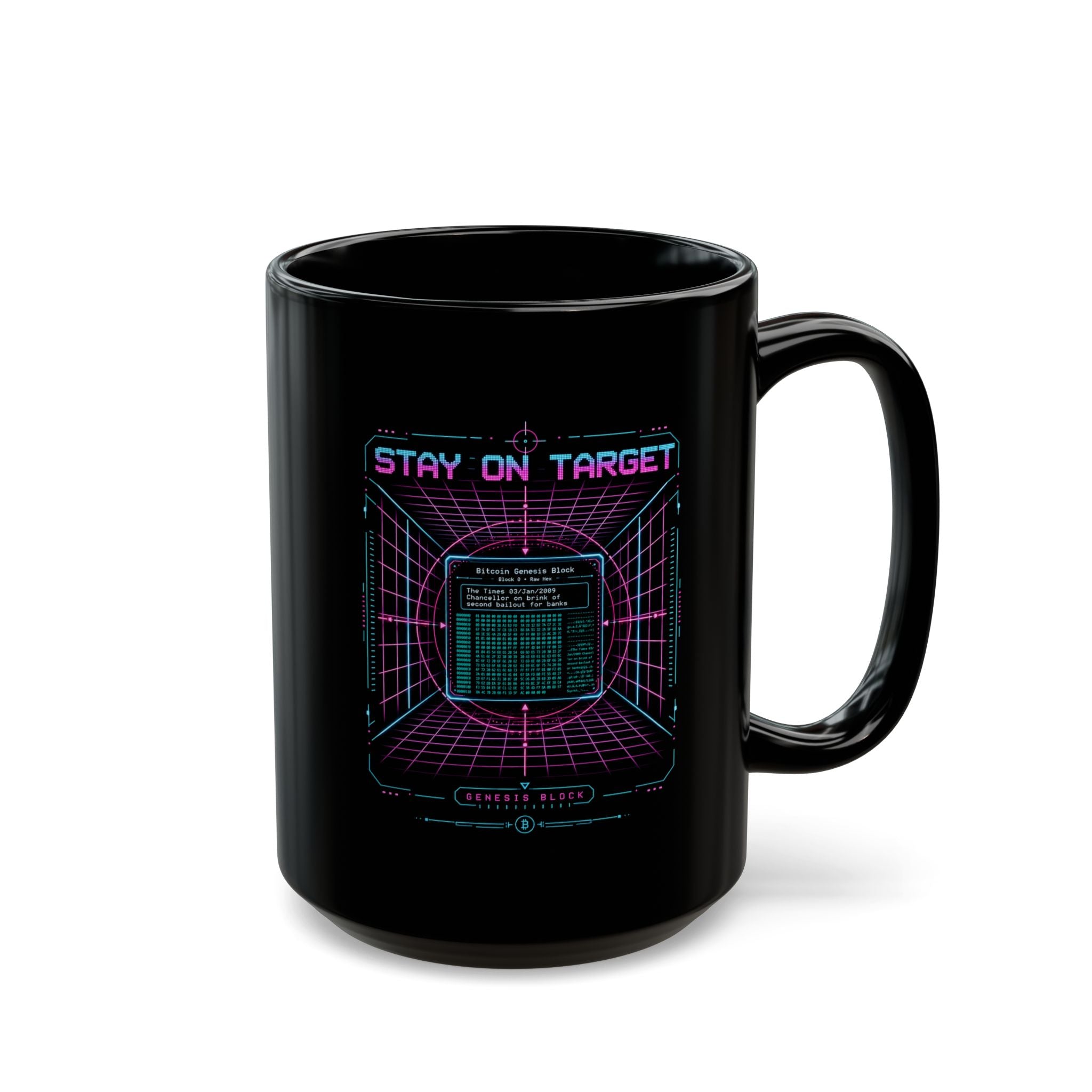 Stay On Target Retro Bitcoin Genesis Block Mug 11oz and 15oz
